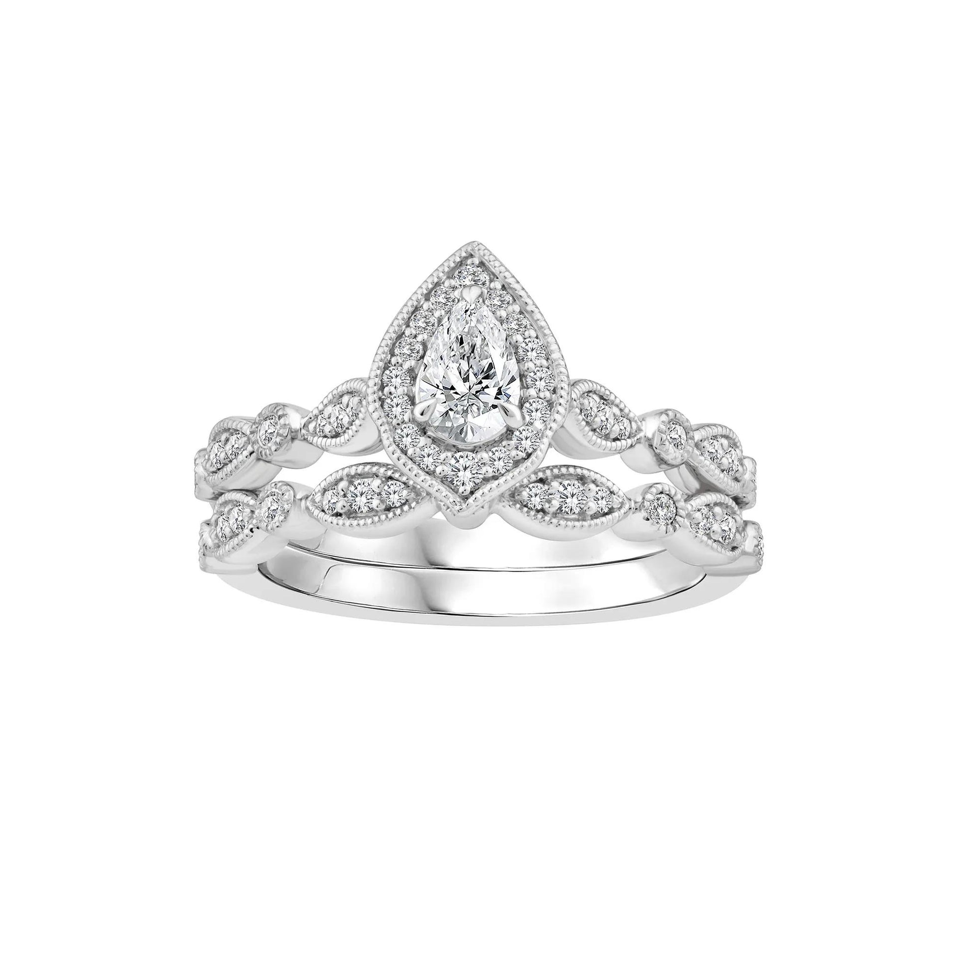 5/8 CT. Tw. Pear-Shaped Diamond Engagement Set 14K White Gold Ring Size 6.5 2mm