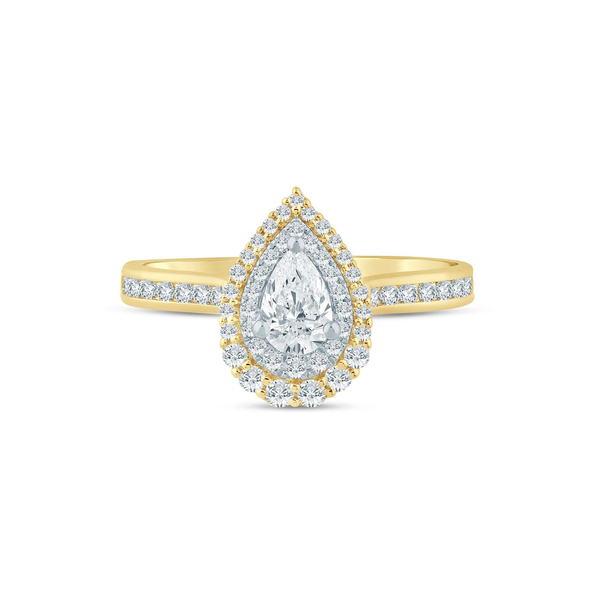 3/4 CT. Tw. Pear-Shaped Double Halo Engagement Ring 14K Yellow Gold Round Brilliant Cut Size 6 2mm