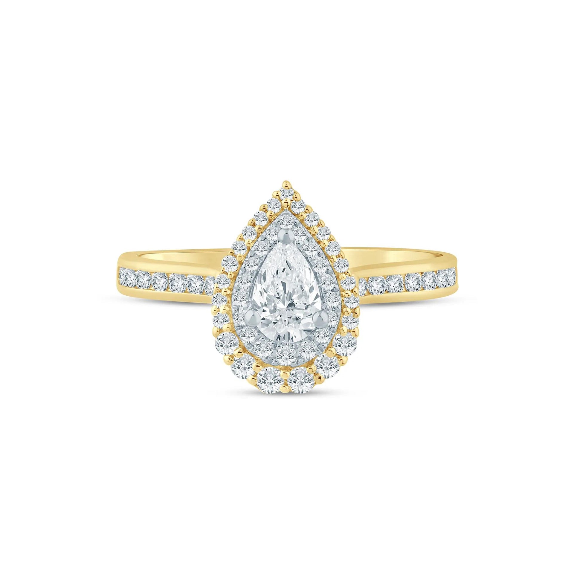3/4 CT. Tw. Pear-Shaped Double Halo Engagement Ring 14K Yellow Gold Round Brilliant Cut Size 7 2mm