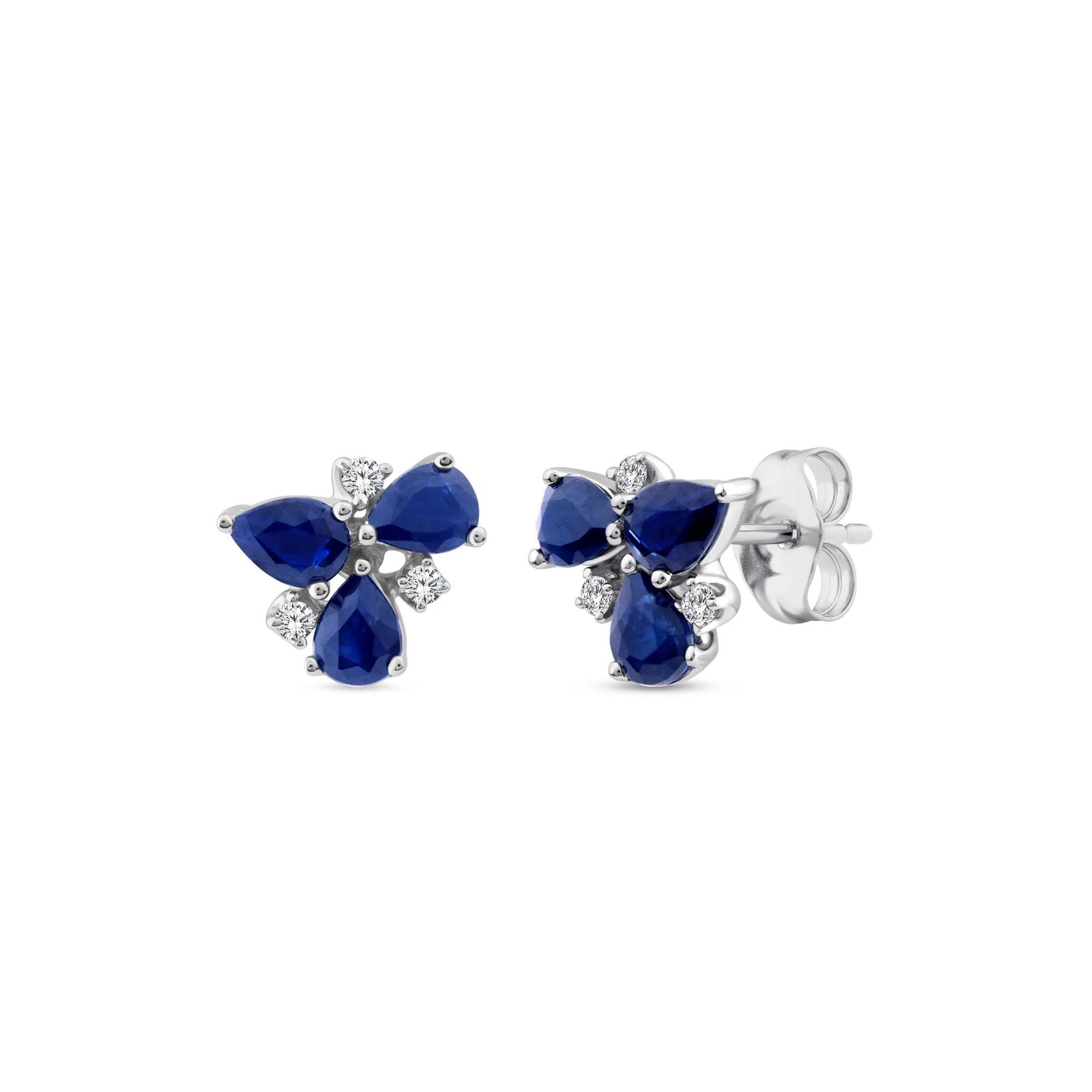 Pear-Shaped Blue Sapphire and Diamond Accent Cluster Stud Earrings 10K White Gold Size 8.40mm