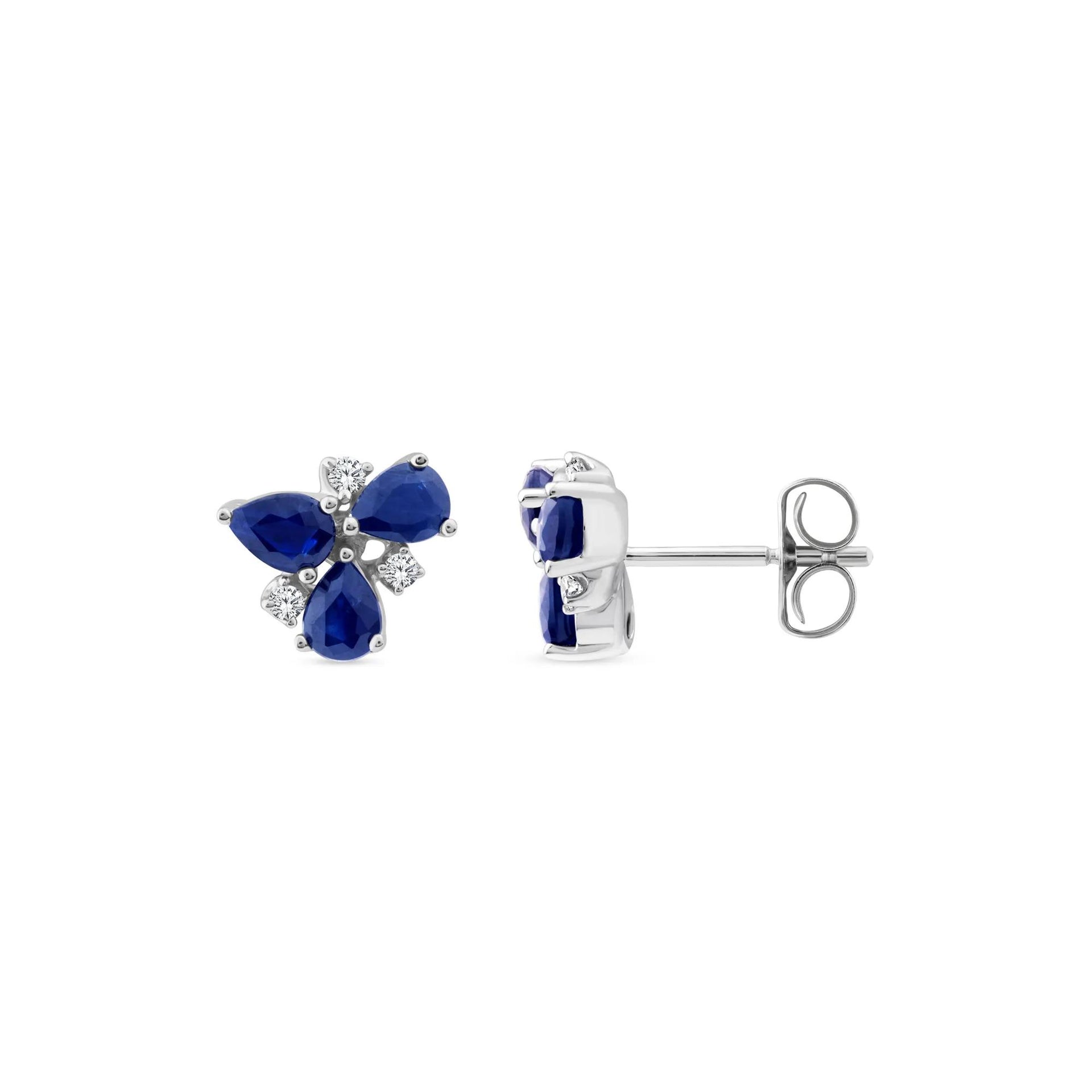 Pear-Shaped Blue Sapphire and Diamond Accent Cluster Stud Earrings 10K White Gold Size 8.40mm