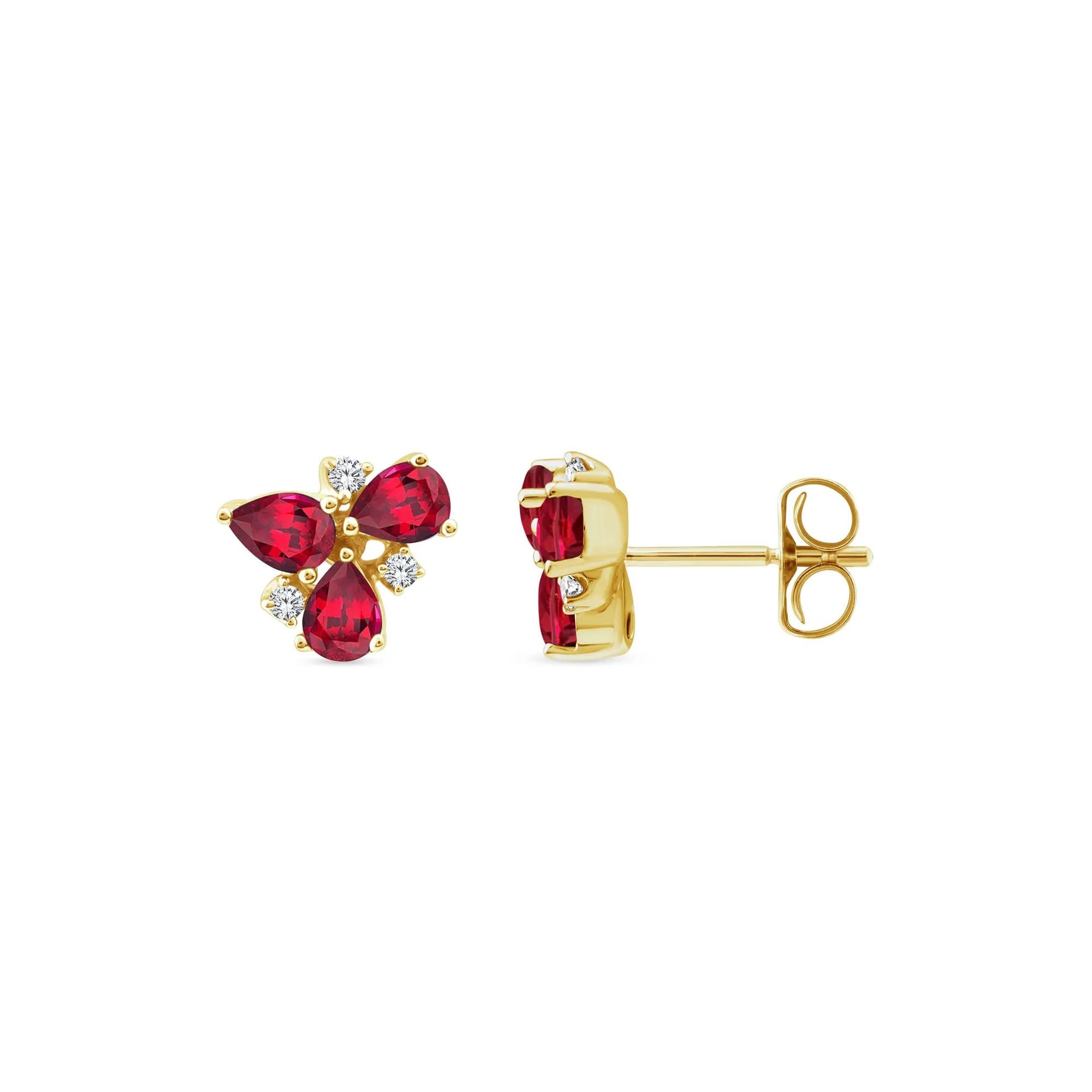 Pear-Shaped Ruby and Diamond Accent Cluster Stud Earrings 10K Yellow Gold Size 8.40mm