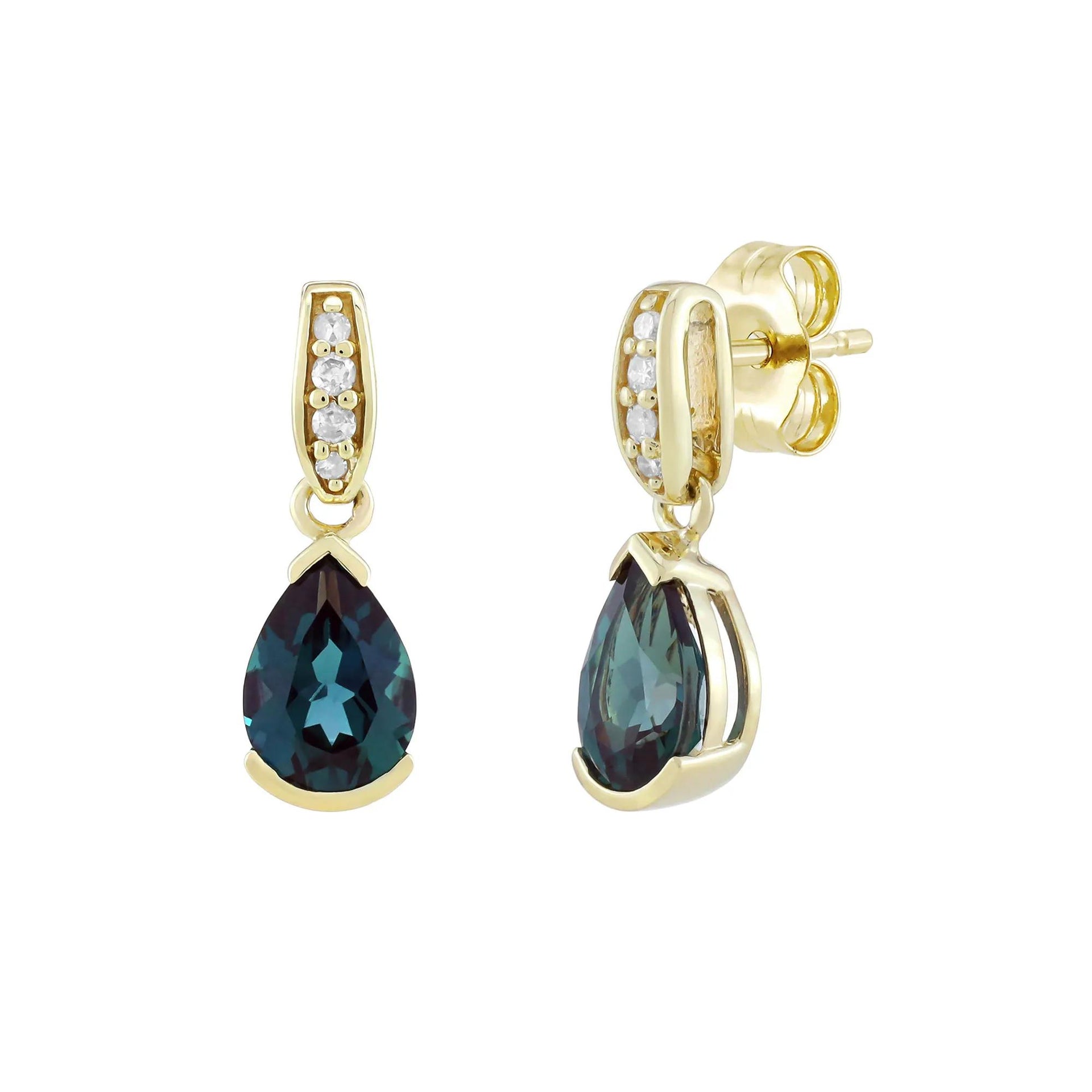 Pear-Shaped Lab-Created Alexandrites & Diamond Accent Drop Earrings 10K Yellow Gold Size 5.00mm