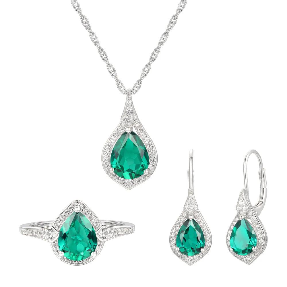 Pear-Shaped Lab Created Emerald Earring Pendant Necklace & Ring Set .925 Sterling Silver White Size 7