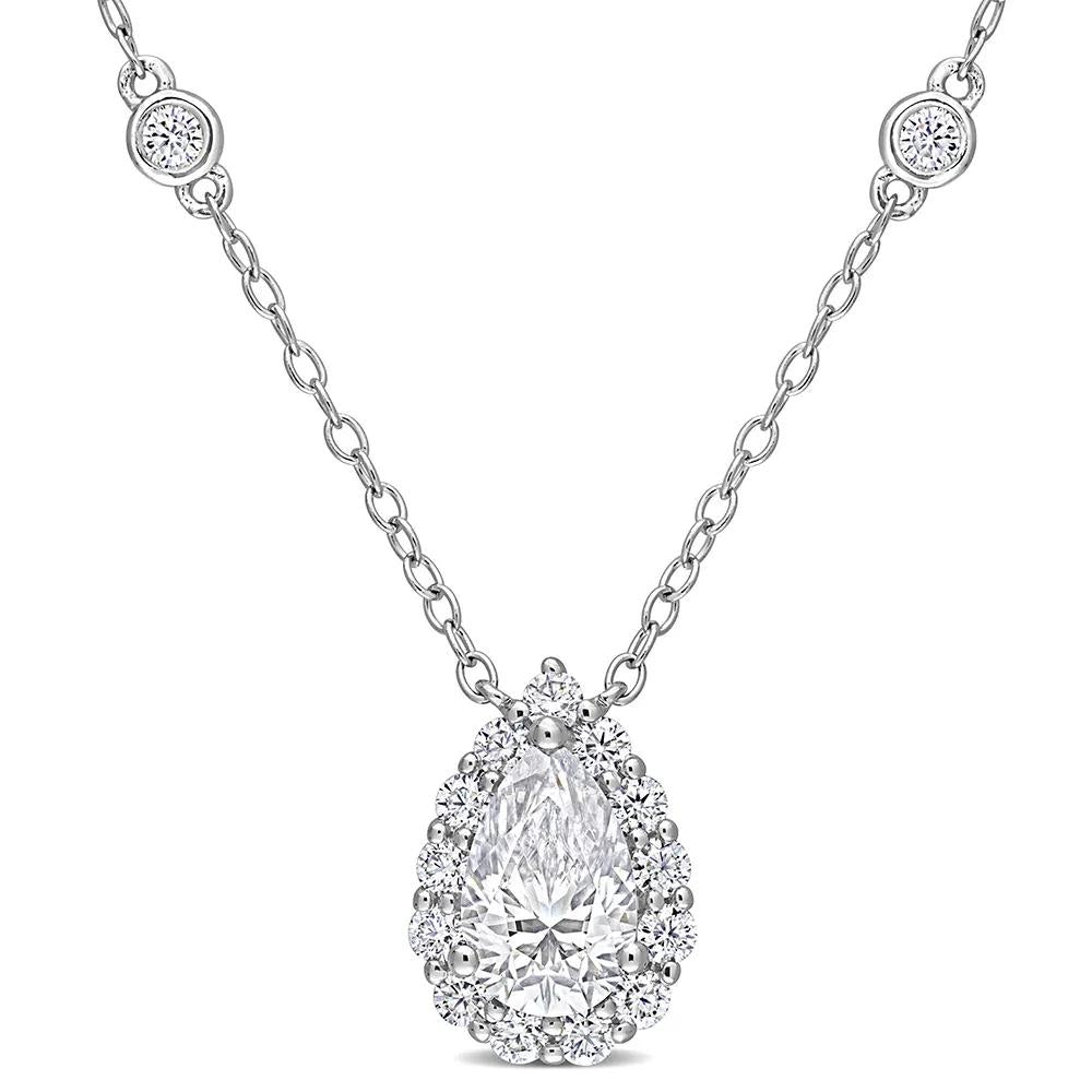 Pear-Shaped Moissanite Pendant Necklace with Bezel-Set Diamonds .925 Sterling Silver (1/2 CT. Dew) White Size 18"