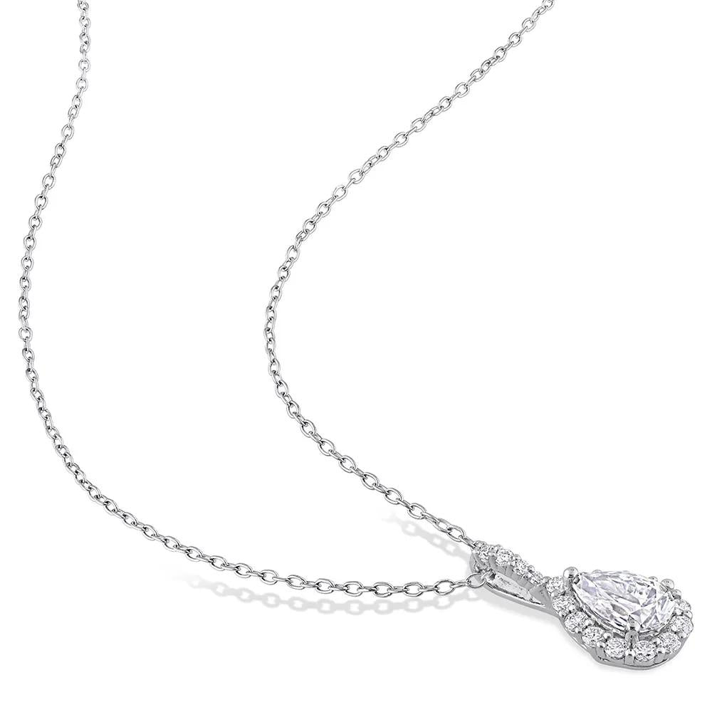 Pear-Shaped Moissanite Pendant Necklace with Halo .925 Sterling Silver (1/3 CT. Dew) White Size 18"