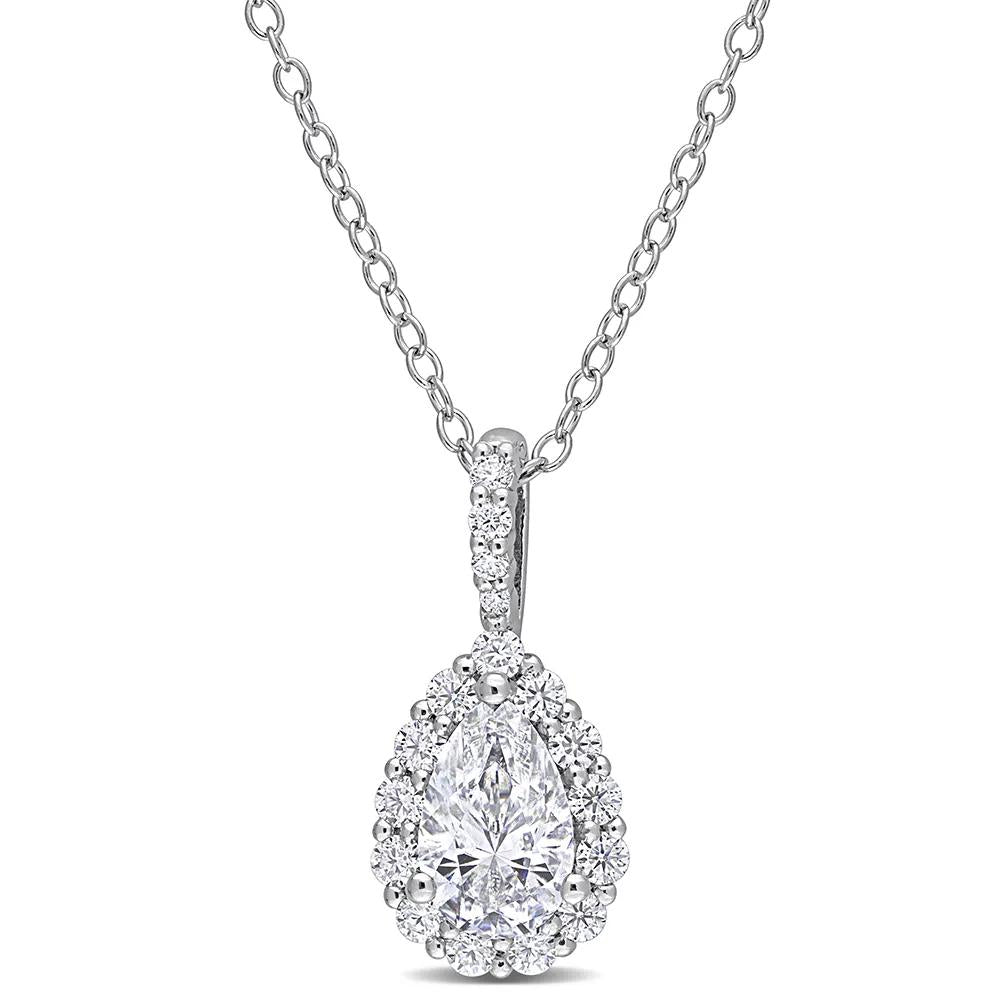 Pear-Shaped Moissanite Pendant Necklace with Halo .925 Sterling Silver (1/3 CT. Dew) White Size 18"