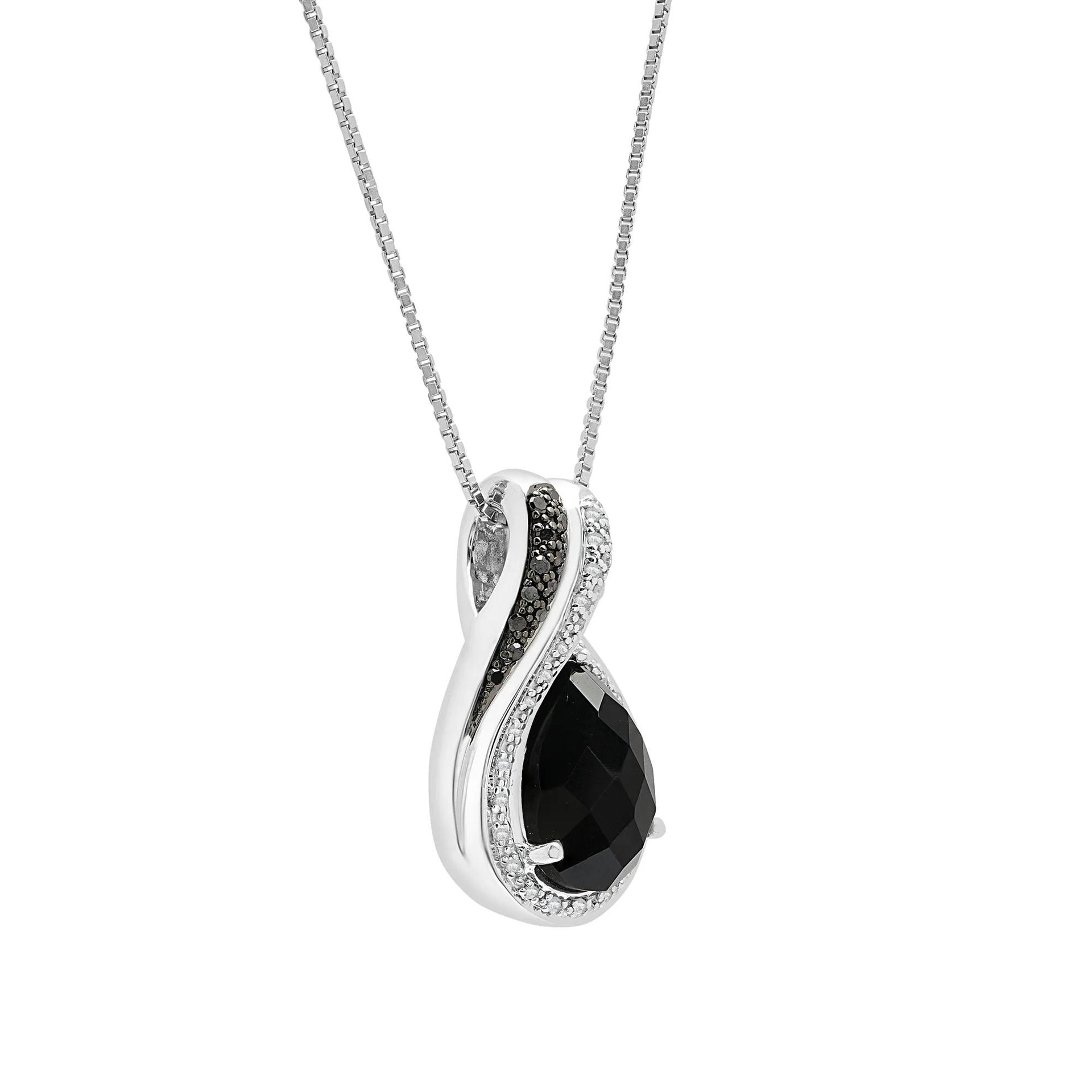1/7 CT. Tw. Pear-Shaped Onyx Pendant Necklace with Black and White Diamonds .925 Sterling Silver Size 18"