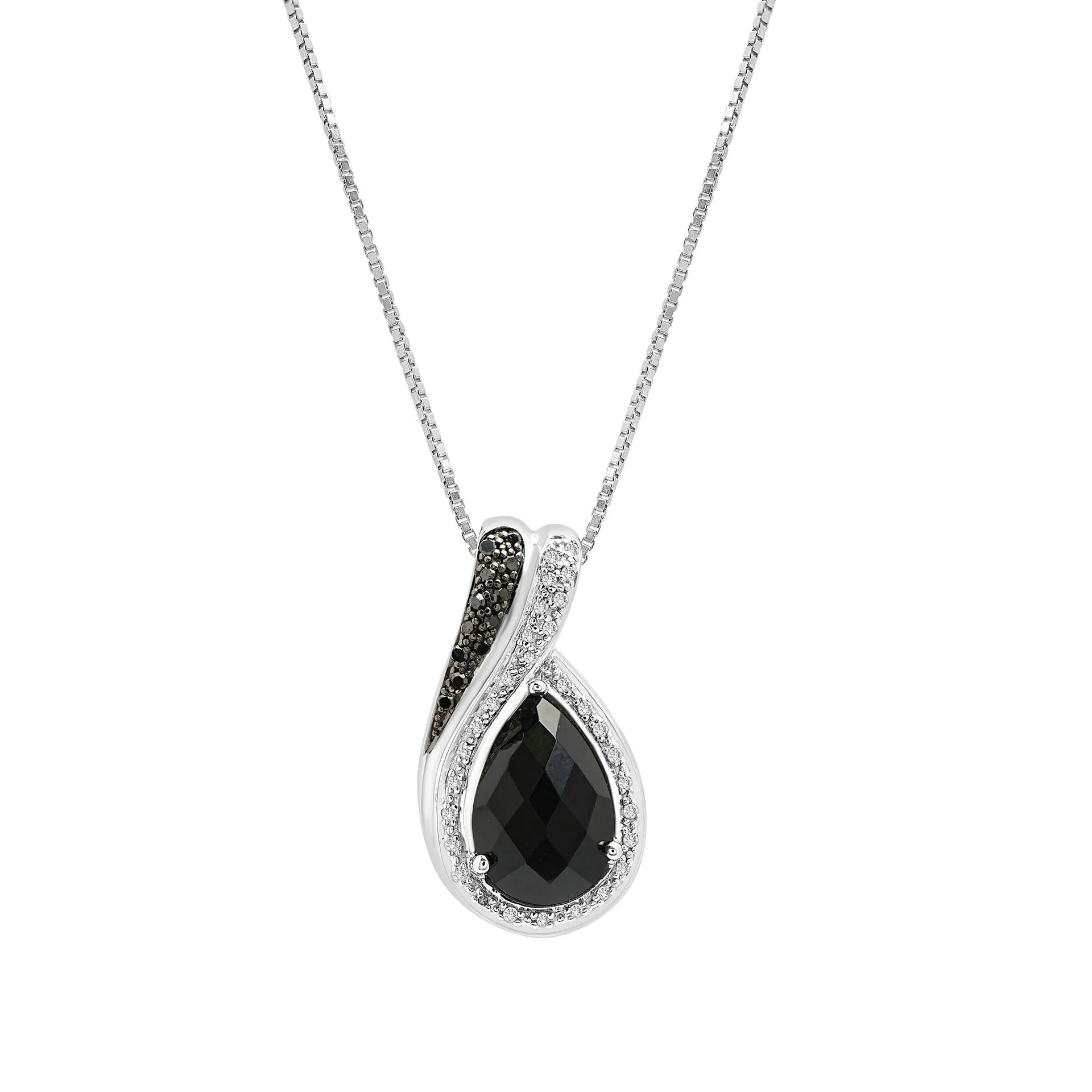 1/7 CT. Tw. Pear-Shaped Onyx Pendant Necklace with Black and White Diamonds .925 Sterling Silver Size 18"