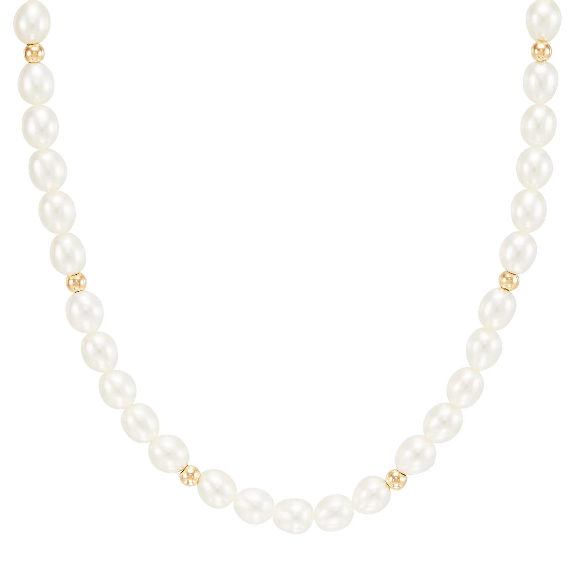 Pearl and Gold Beaded Necklace 14K Yellow Gold Size 15"