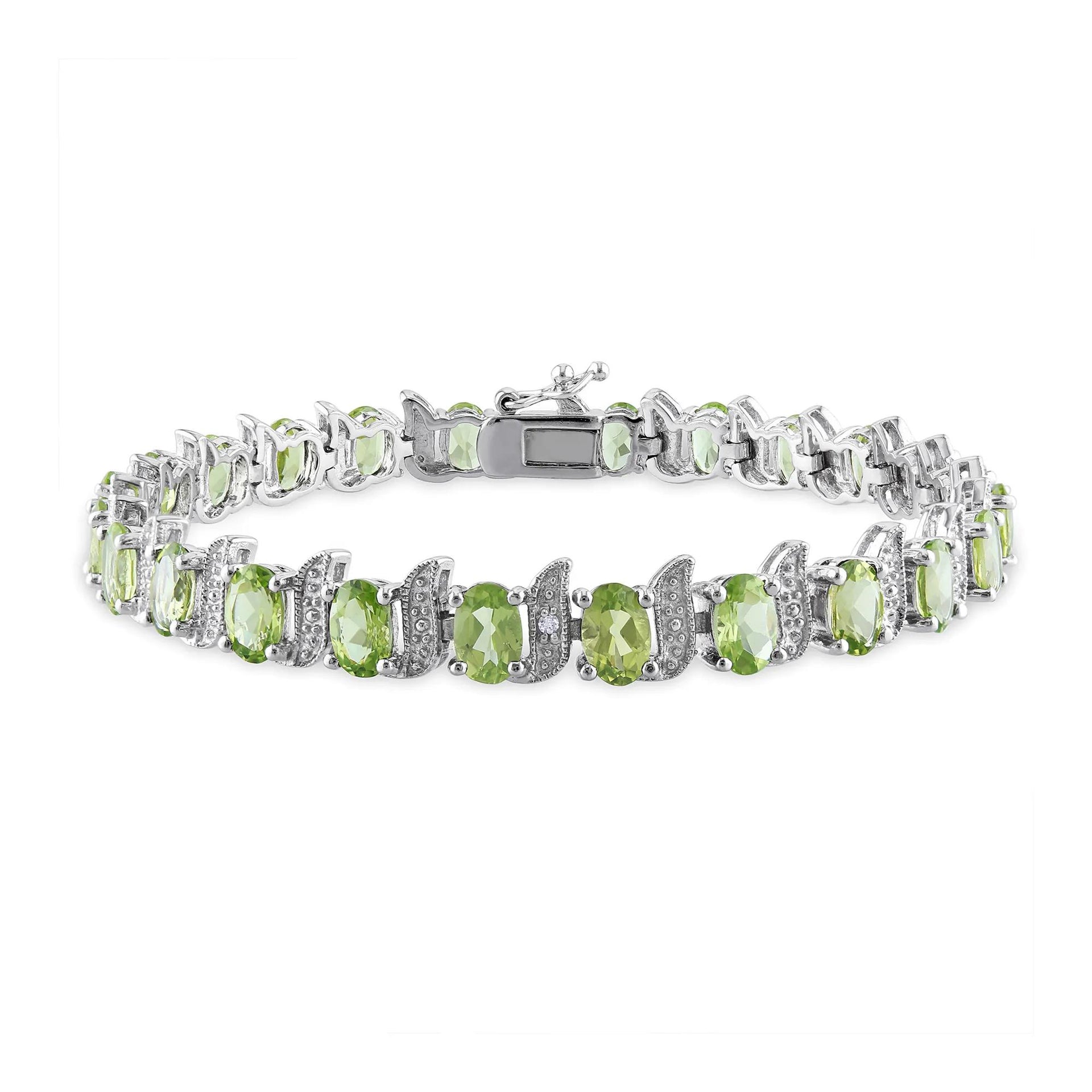 Peridot & Diamond Accent Bracelet .925 Sterling Silver White Size 7.50mm
