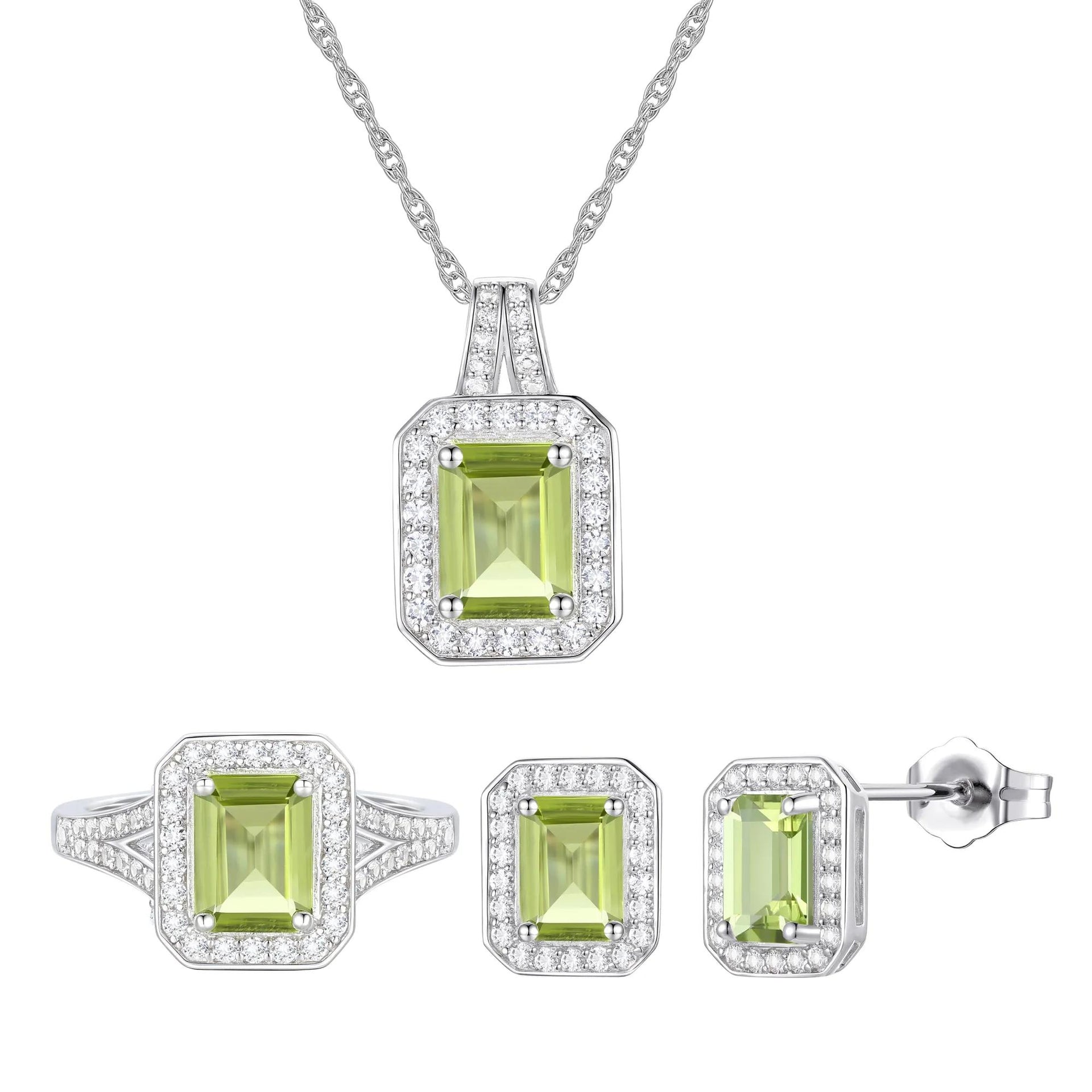 Peridot & Lab-Created White Sapphire Ring Earring & Pendant Set .925 Sterling Silver Size 7 1mm