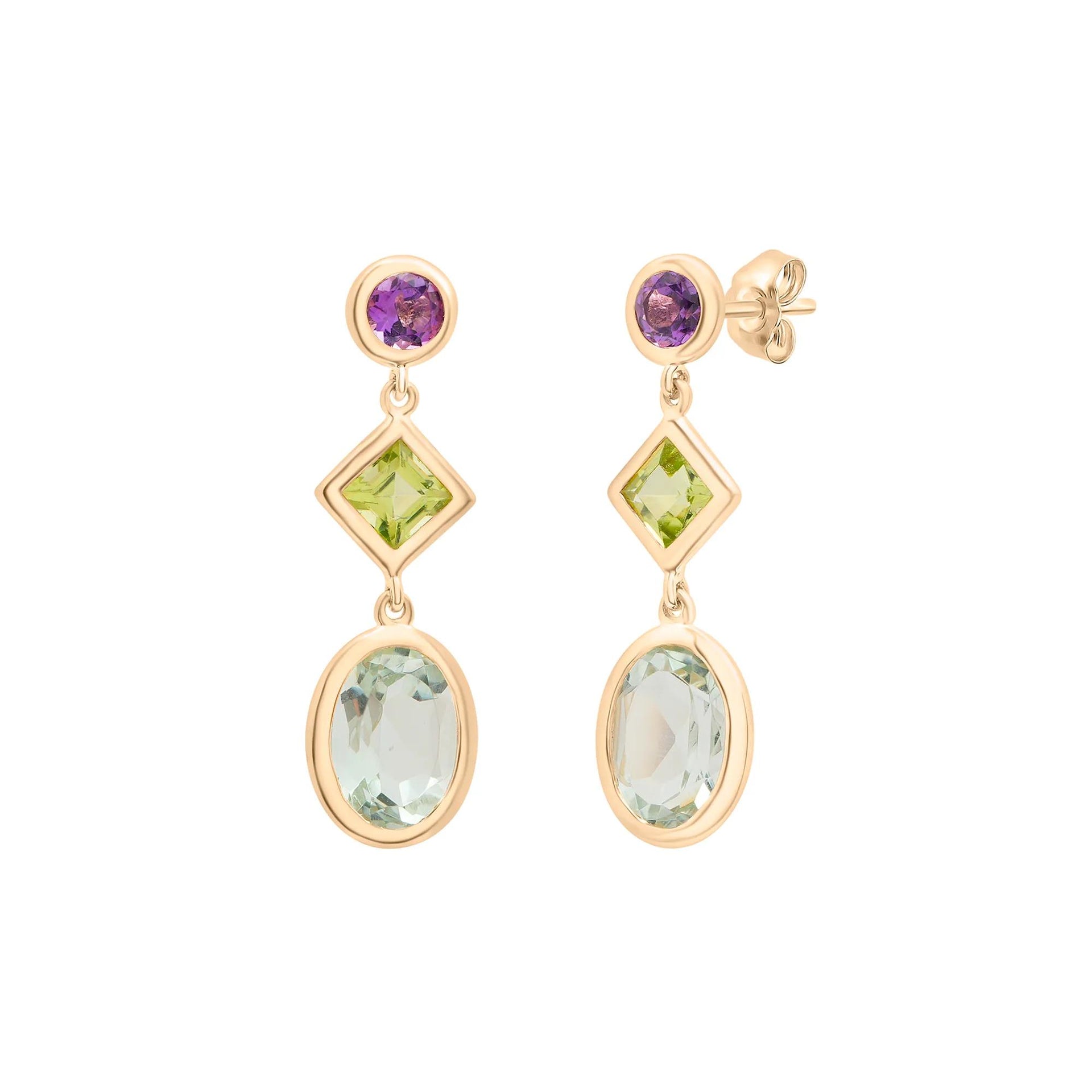 Peridot Green Amethyst and Purple Amethyst Drop Earrings 10K Yellow Gold Size 6.70mm