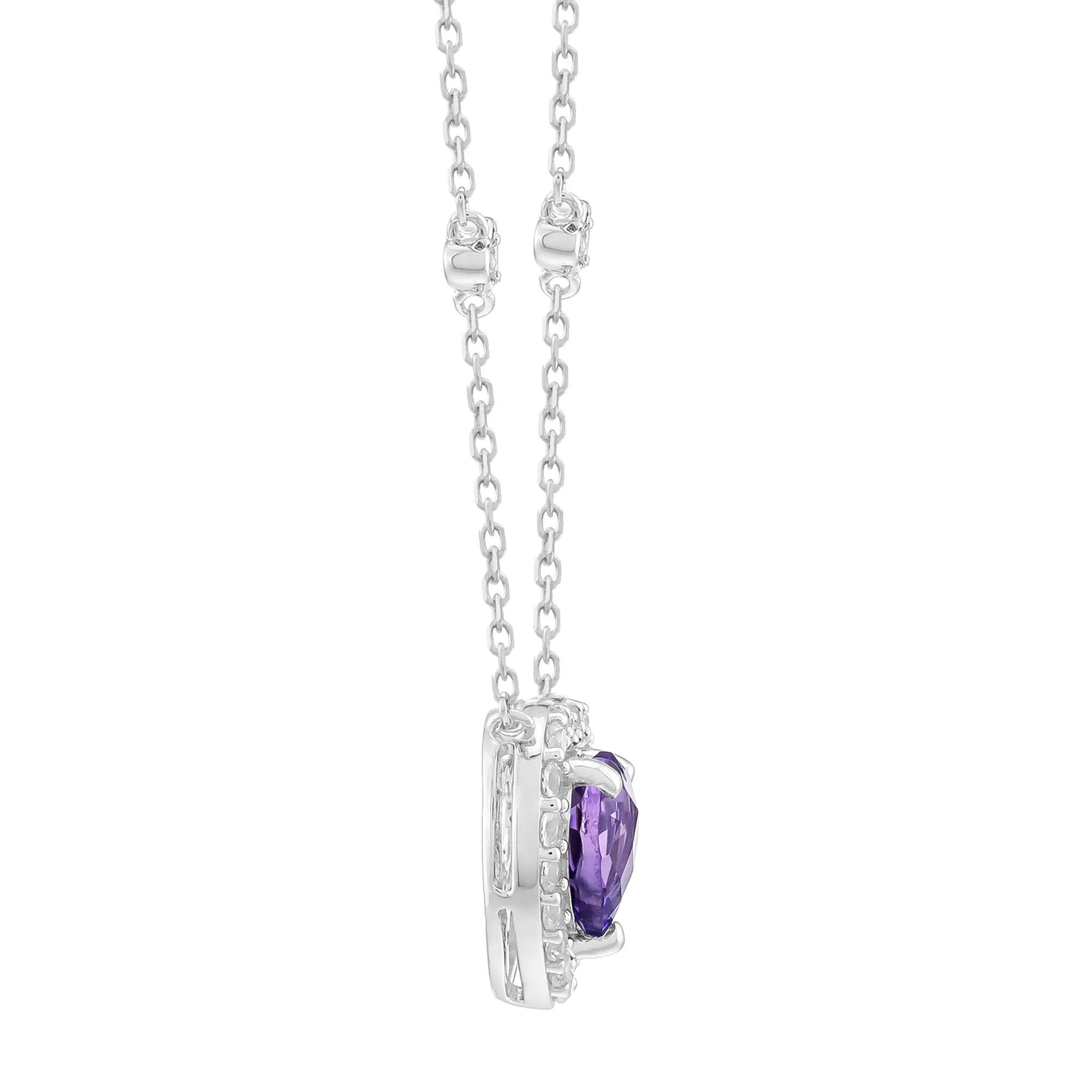 Pink Amethyst & Lab-Created White Sapphire Halo Heart Pendant Necklace .925 Sterling Silver Size 18"