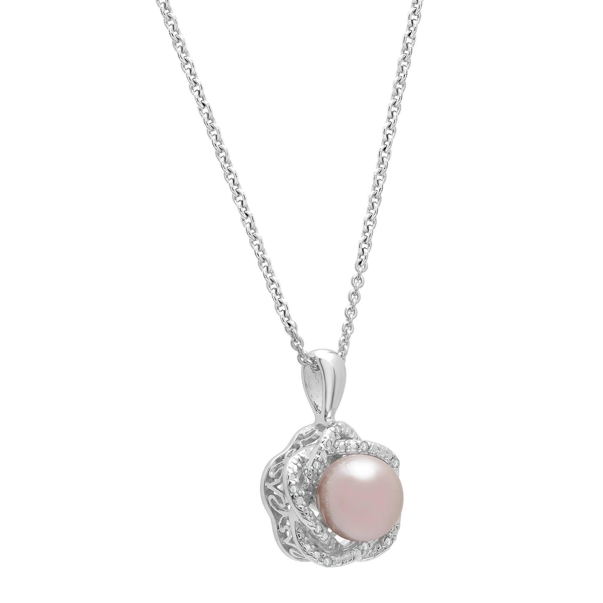 Pink Freshwater Cultured Pearl & Diamond Accent Pendant Necklace .925 Sterling Silver White Size 18"