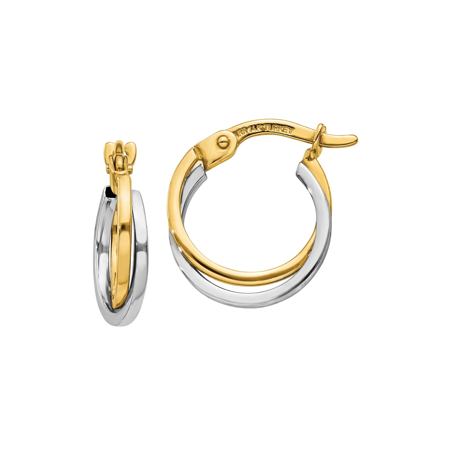 Polished Hollow Tube Hoop Earrings 14K Yellow & White Gold Size 12.00mm