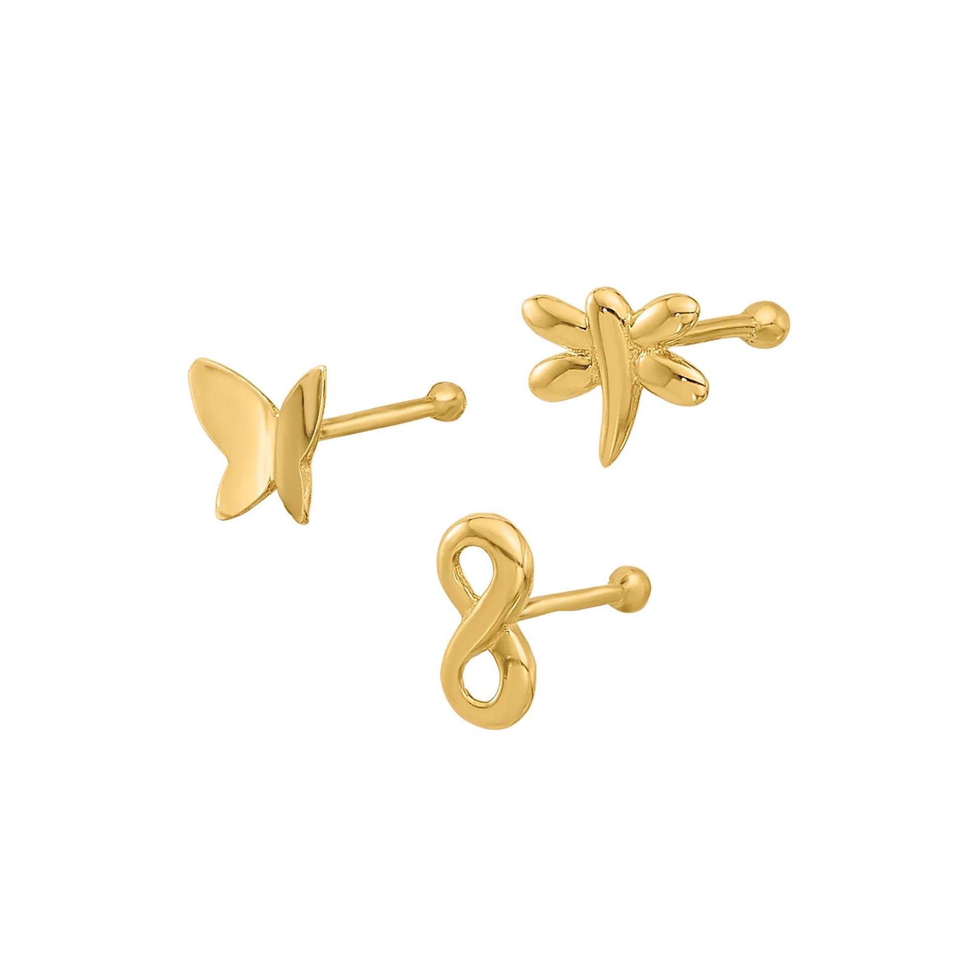 Polished Infinity Symbol Dragonfly and Butterfly Nose Stud Set 14K Yellow Gold 22 Gauge Size 4.70mm