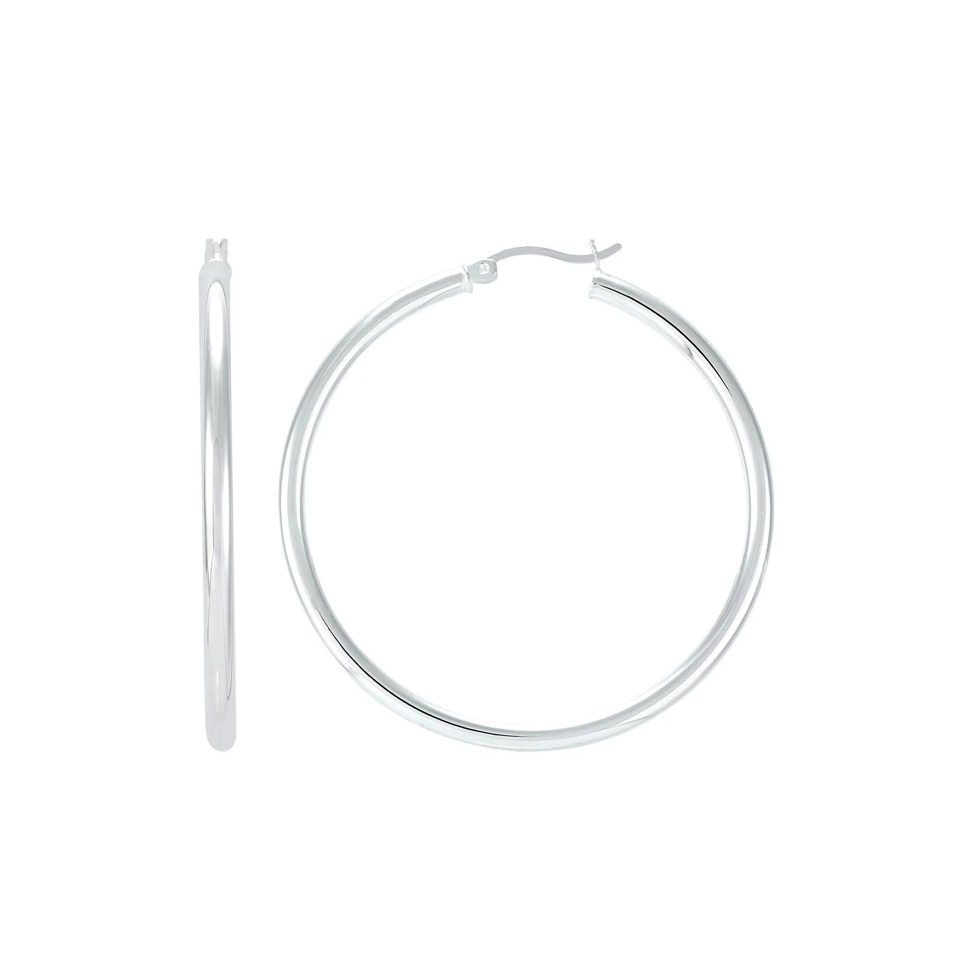 Polished Round Hoop Earrings .925 Sterling Silver White Size 50.00mm
