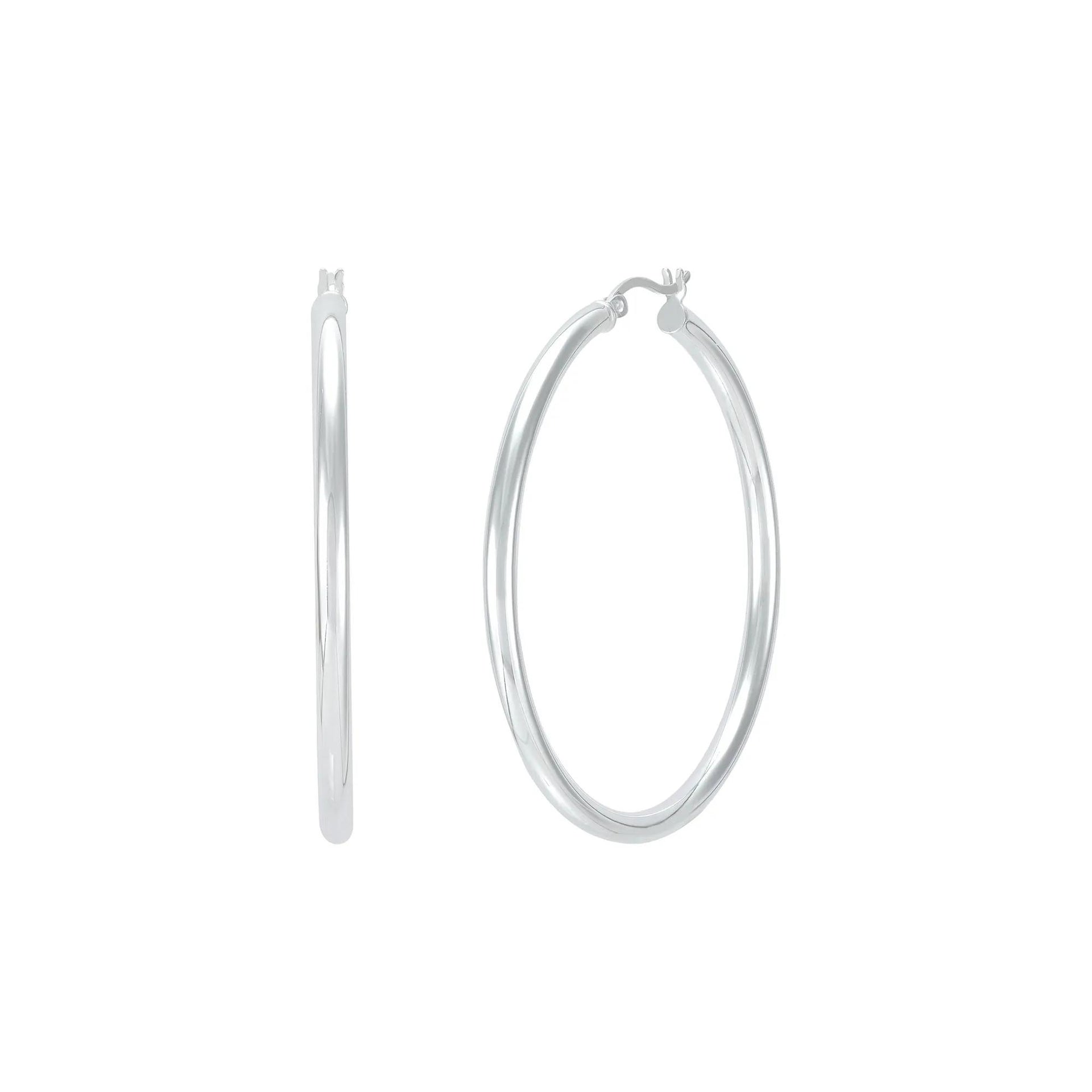 Polished Round Hoop Earrings .925 Sterling Silver White Size 50.00mm