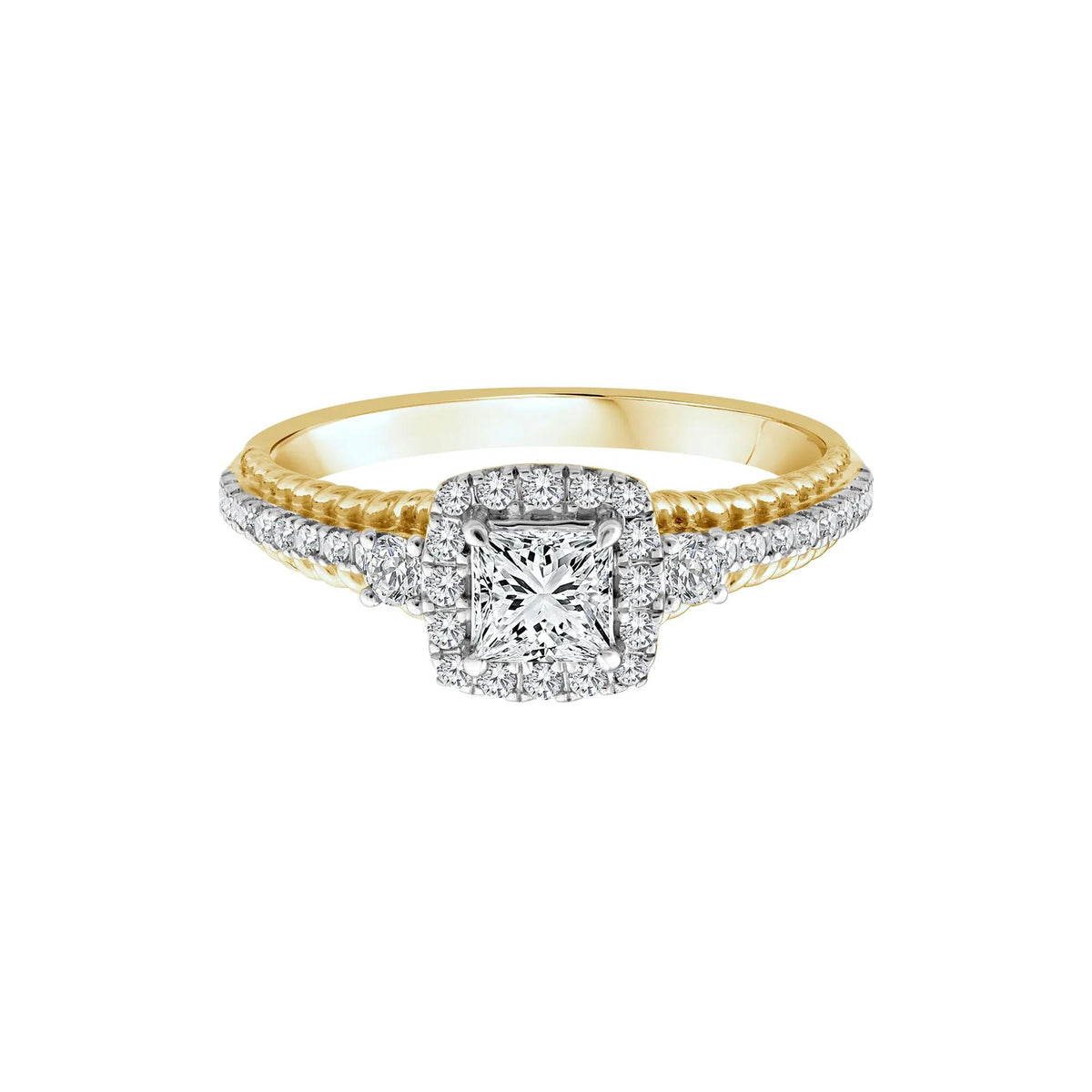 3/4 CT. Tw. Princess-Cut Diamond Halo Engagement Ring 14K Yellow Gold Round Brilliant Cut Size 6 2mm