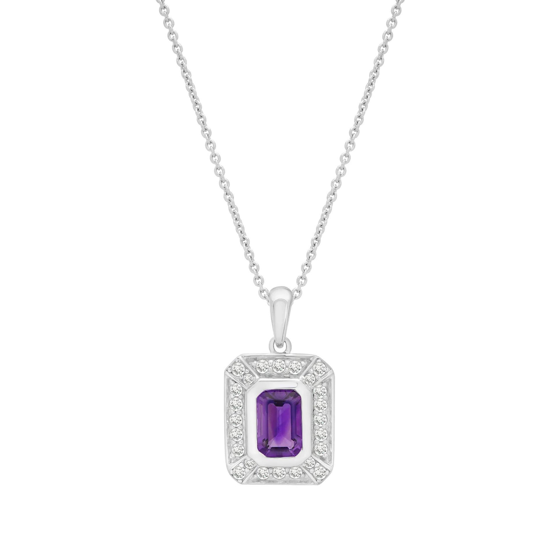 Purple Amethyst & Lab-Created White Sapphire Halo Pendant Necklace .925 Sterling Silver Size 18"