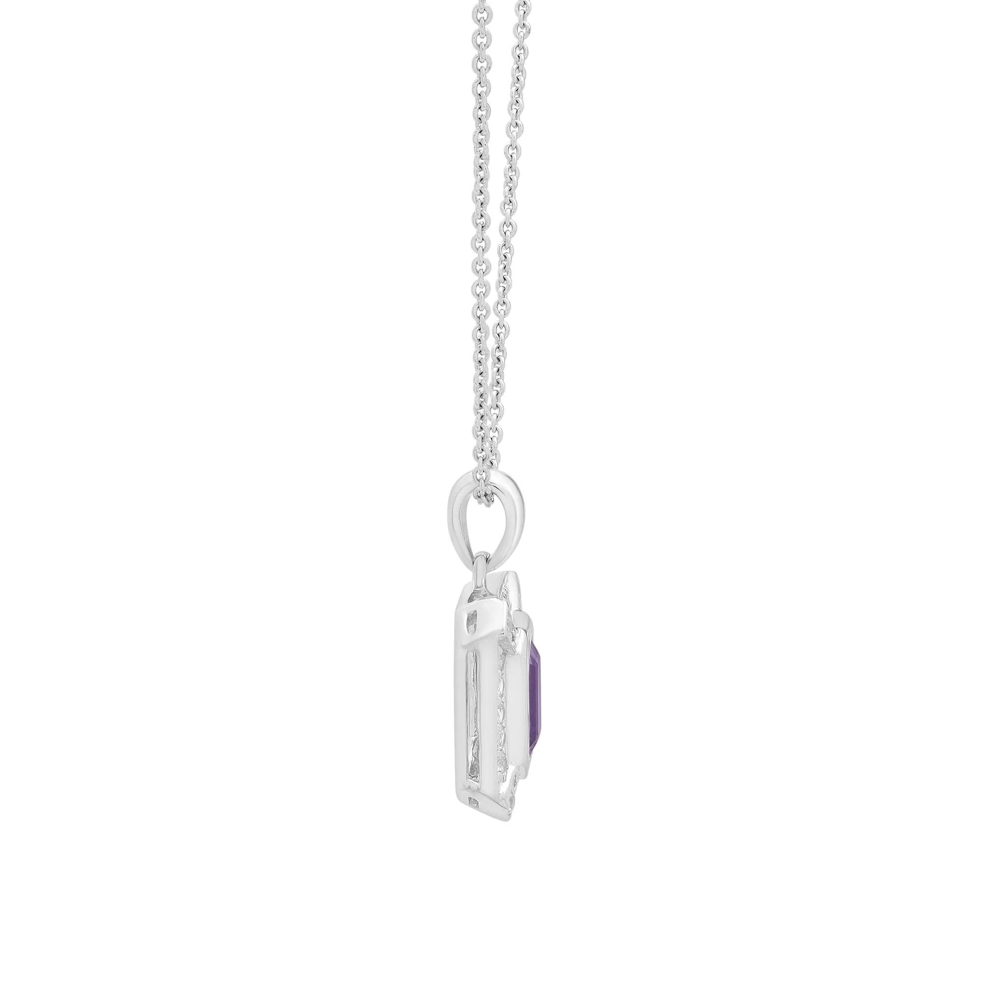 Purple Amethyst & Lab-Created White Sapphire Halo Pendant Necklace .925 Sterling Silver Size 18"