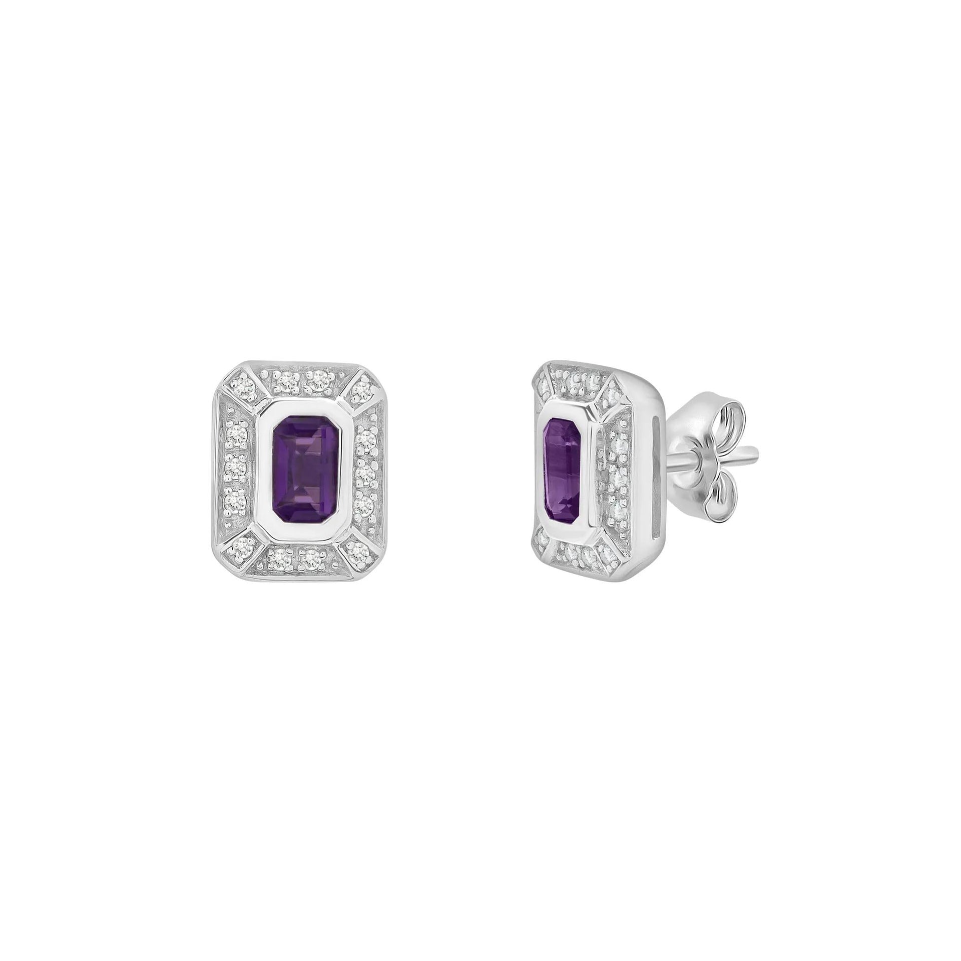 Purple Amethyst & Lab-Created White Sapphire Halo Stud Earrings .925 Sterling Silver Size 8.30mm