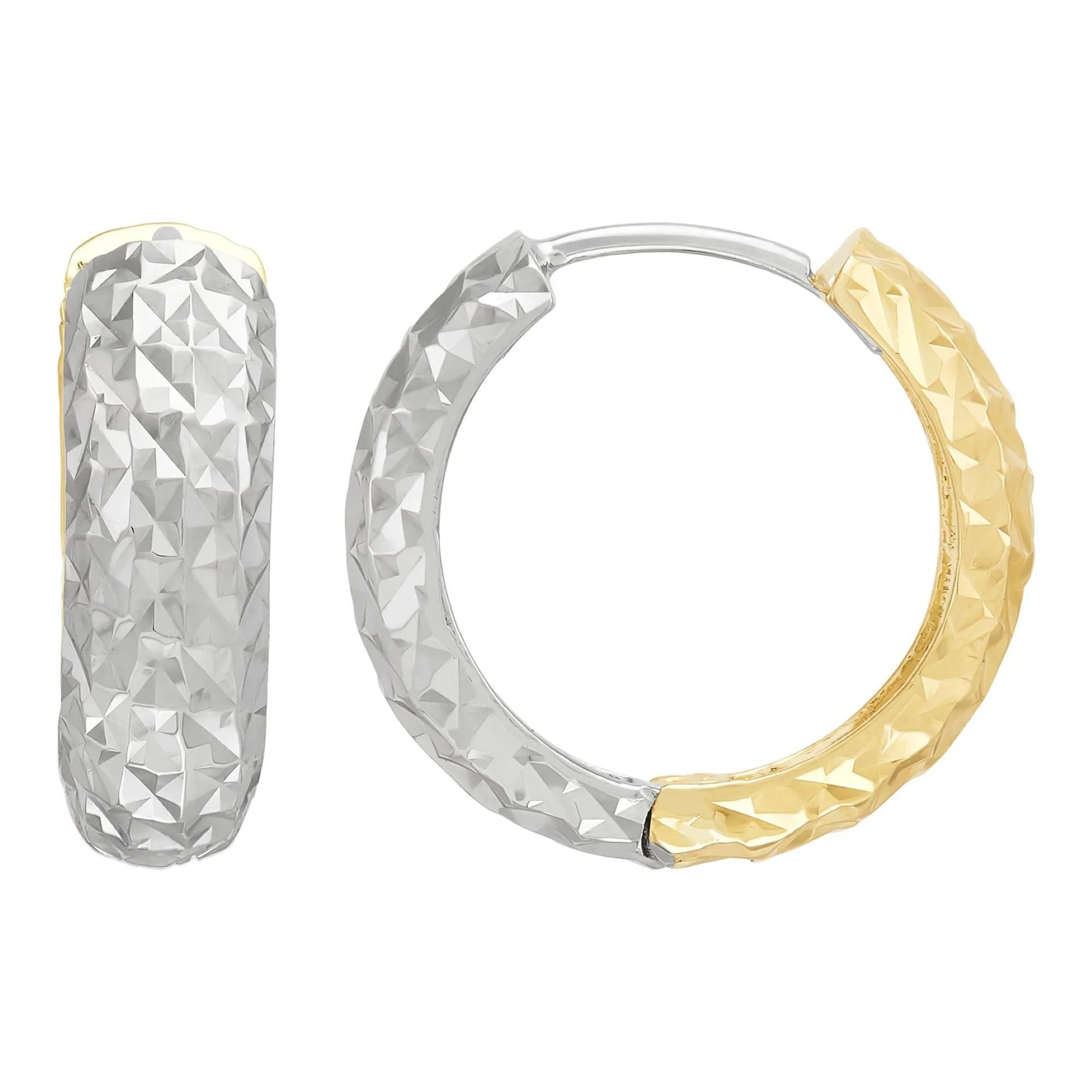 Reversible Diamond-Cut Hoop Earrings 10K White and Yellow Gold Size 15.50mm