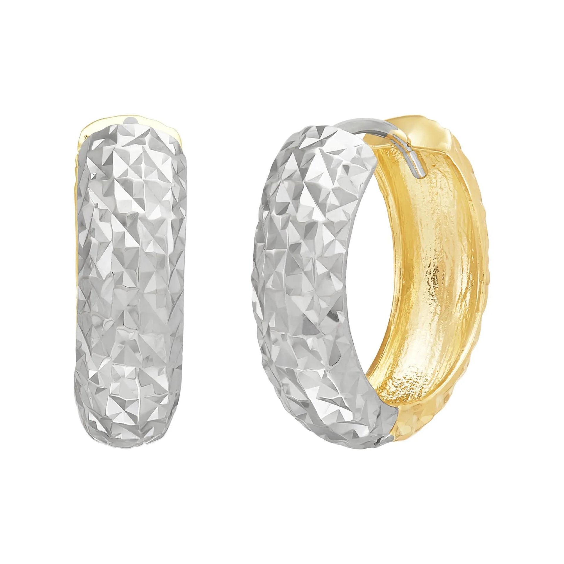 Reversible Diamond-Cut Hoop Earrings 10K White and Yellow Gold Size 15.50mm