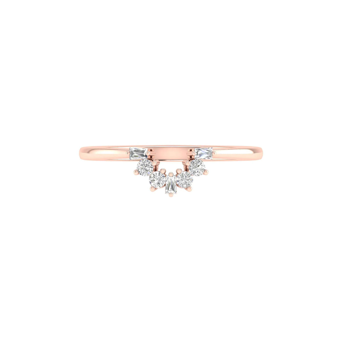 1/7 CT. Tw. Round and Baguette Diamond Contour Band Ring 14K Rose Gold Round Brilliant Cut Size 8 2mm
