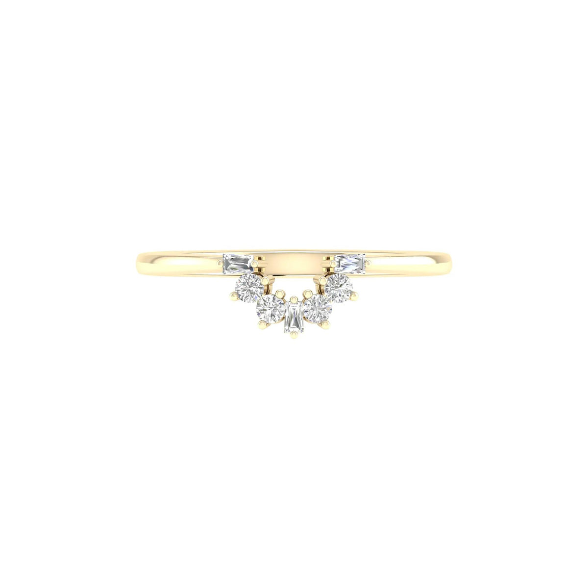 1/7 CT. Tw. Round and Baguette Diamond Contour Band Ring 14K Yellow Gold Round Brilliant Cut Size 6 2mm
