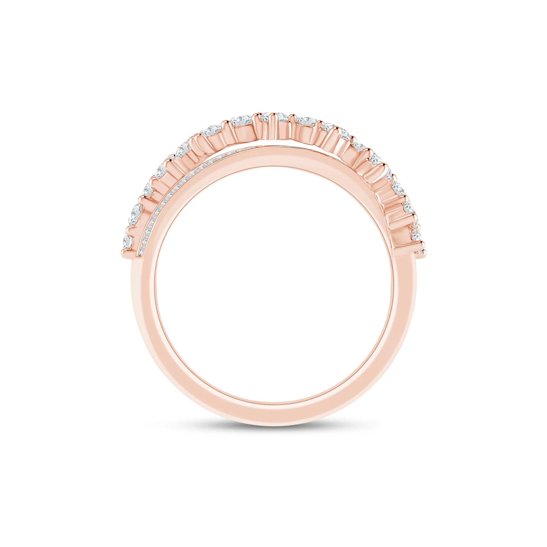 3/4 CT. Tw. Round and Baguette Diamond Crossover Ring 10K Yellow Gold Round Brilliant Cut Rose Size 7.5 2mm
