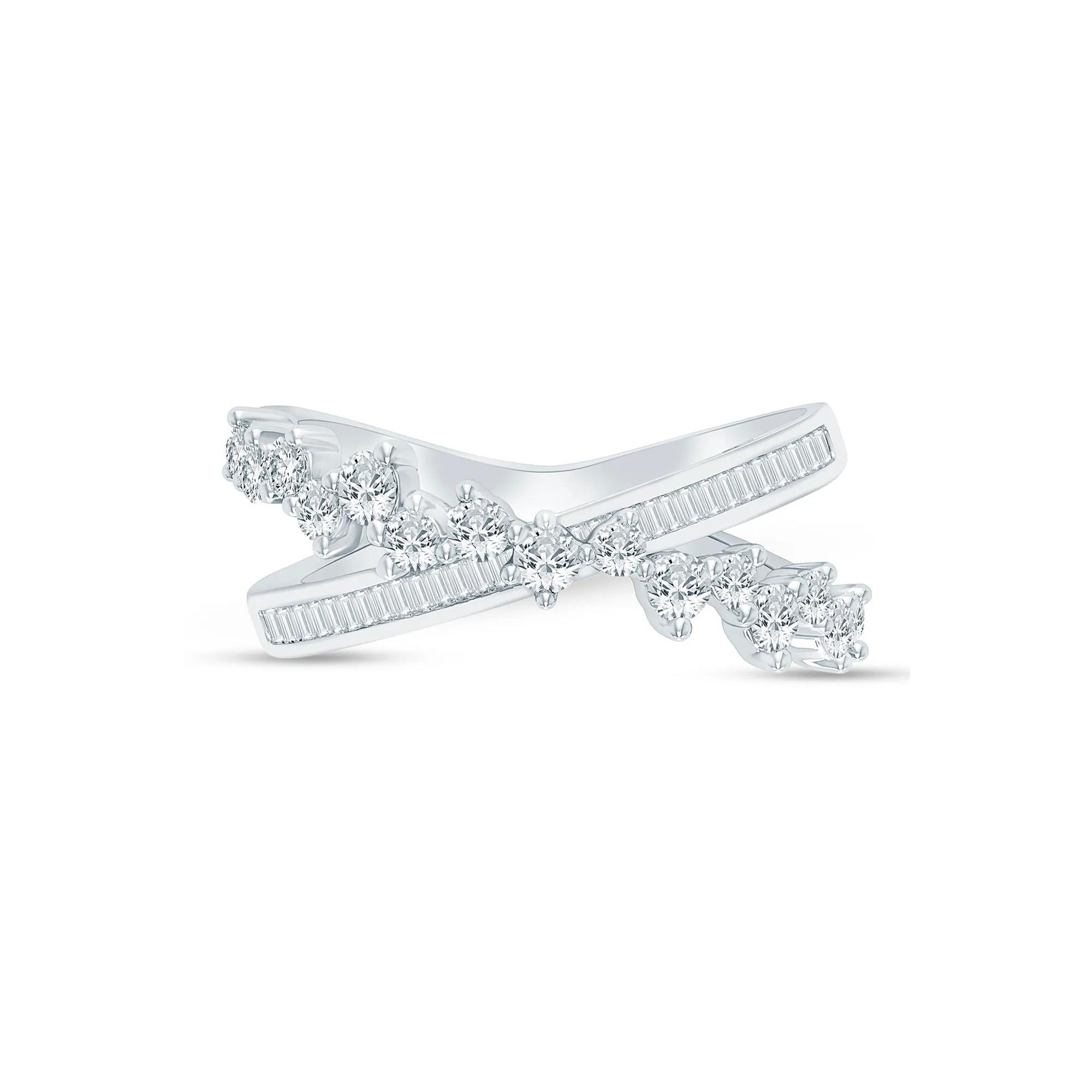 3/4 CT. Tw. Round and Baguette Diamond Crossover Ring 10K White Gold Round Brilliant Cut Size 7.5 2mm