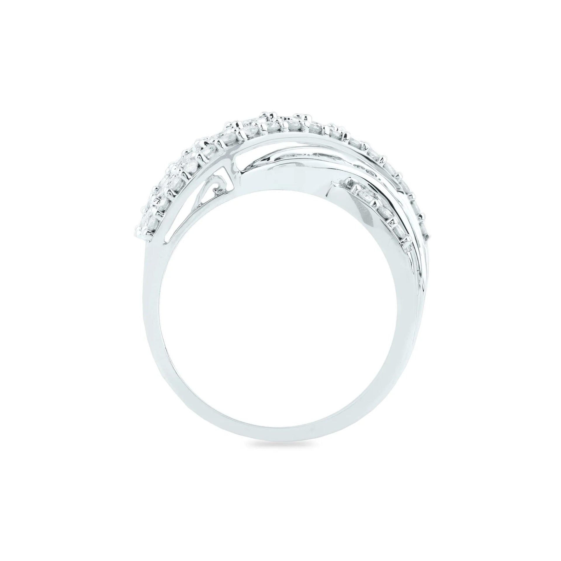 1 CT. Tw. Round and Baguette Diamond Crossover Ring 10K White Gold Round Brilliant Cut Size 7 2mm