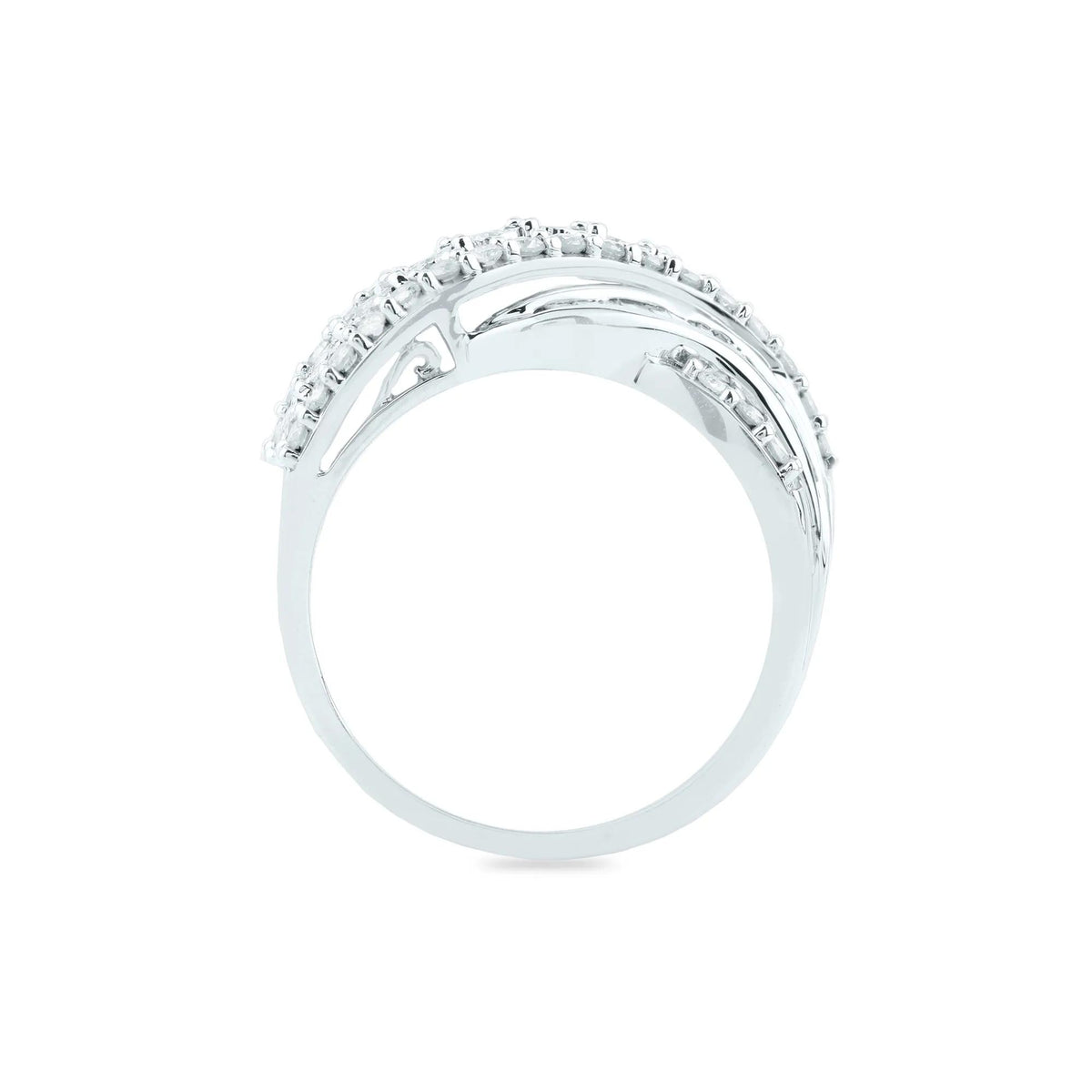 1 CT. Tw. Round and Baguette Diamond Crossover Ring 10K White Gold Round Brilliant Cut Size 8 2mm
