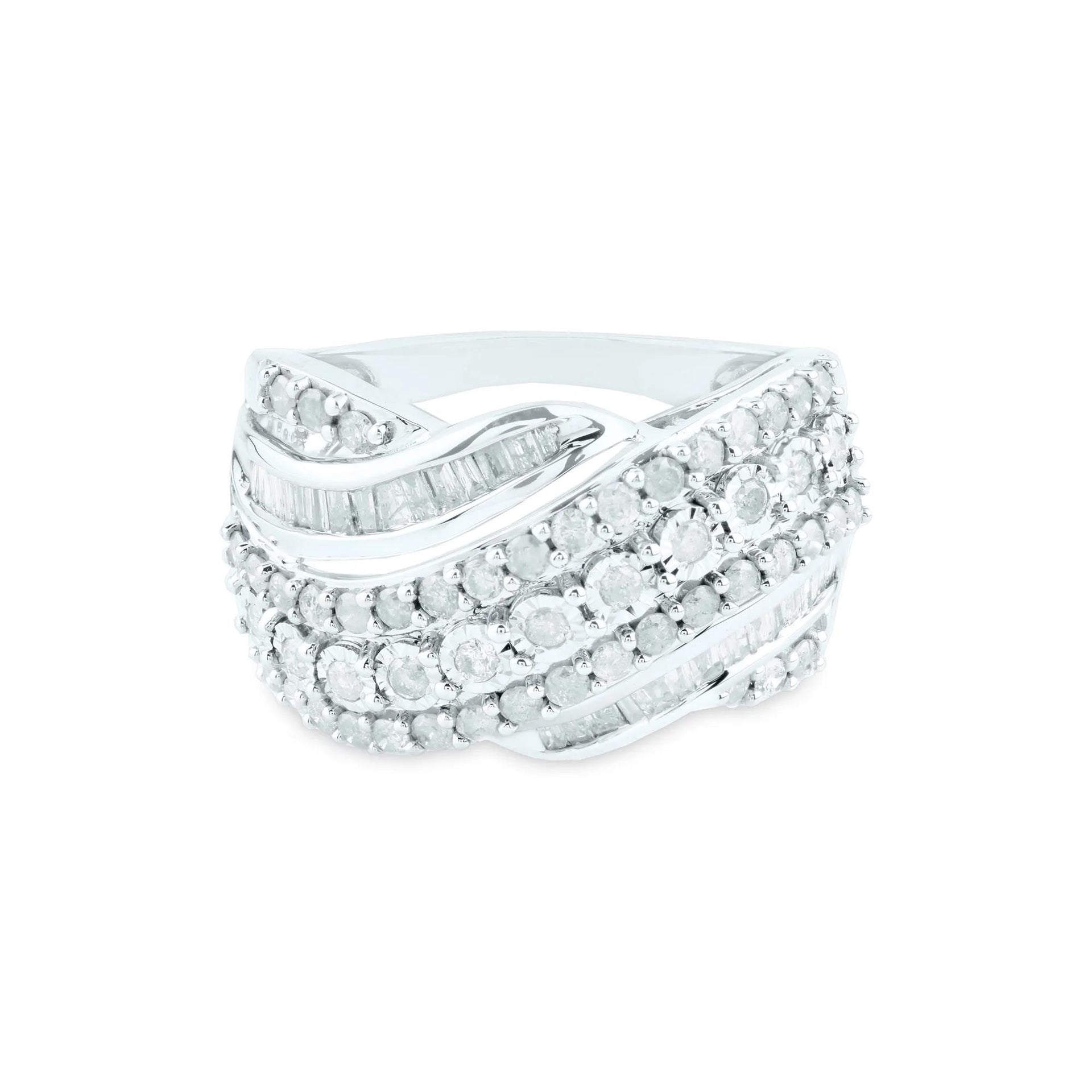 1 CT. Tw. Round and Baguette Diamond Crossover Ring 10K White Gold Round Brilliant Cut Size 7 2mm