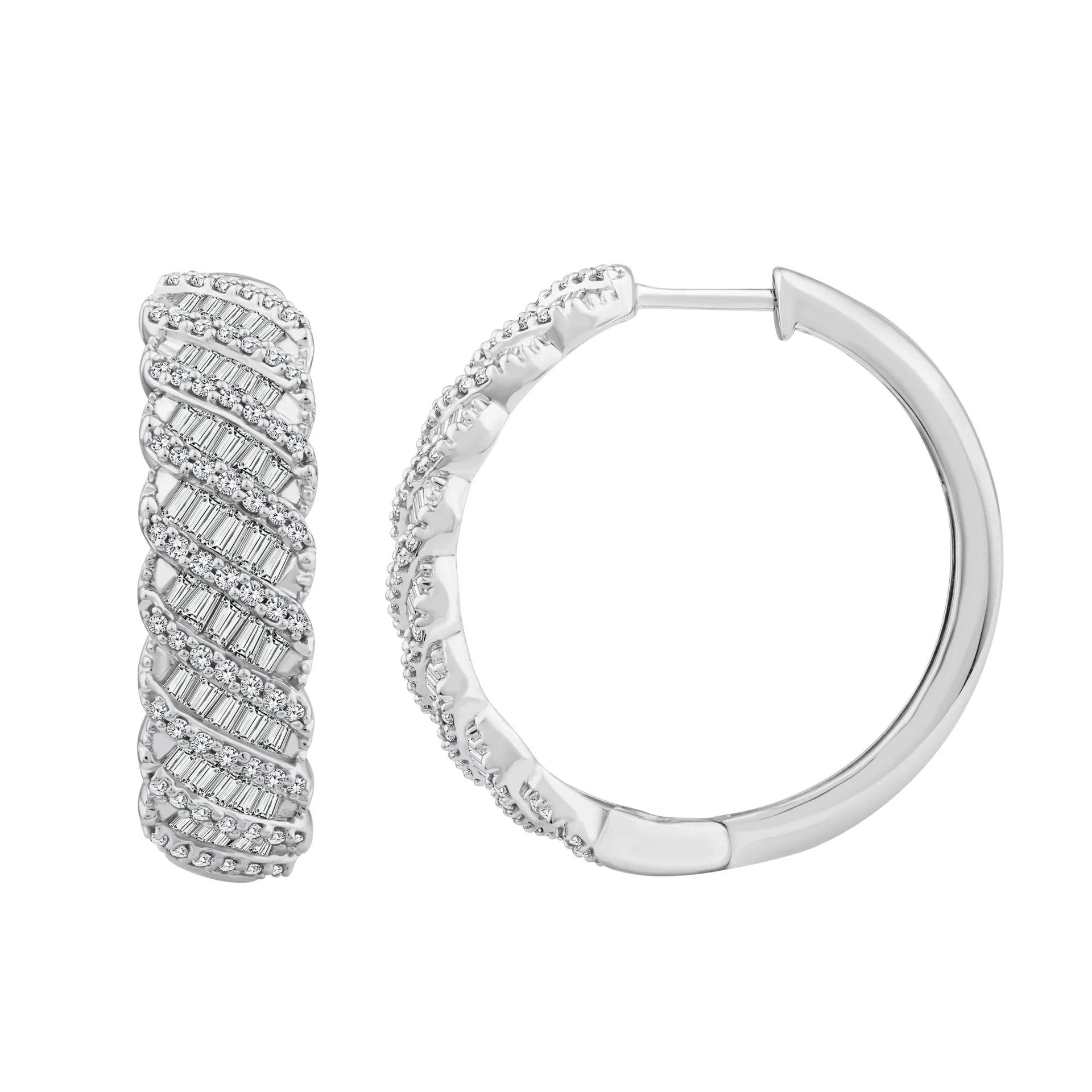 1/2 CT. Tw. Round and Baguette Diamond Hoop Earrings 10K White Gold Size 21.00mm