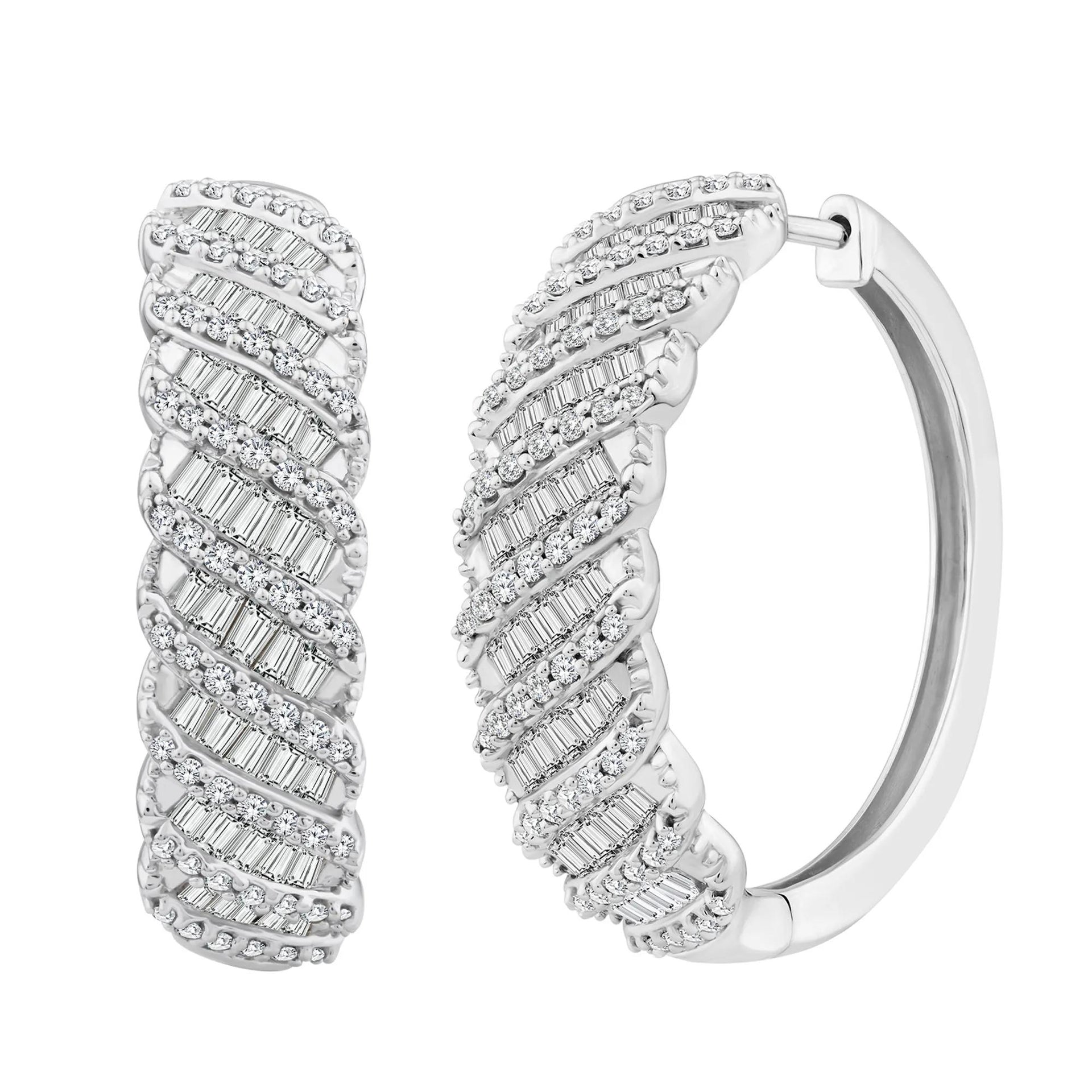 1/2 CT. Tw. Round and Baguette Diamond Hoop Earrings 10K White Gold Size 21.00mm