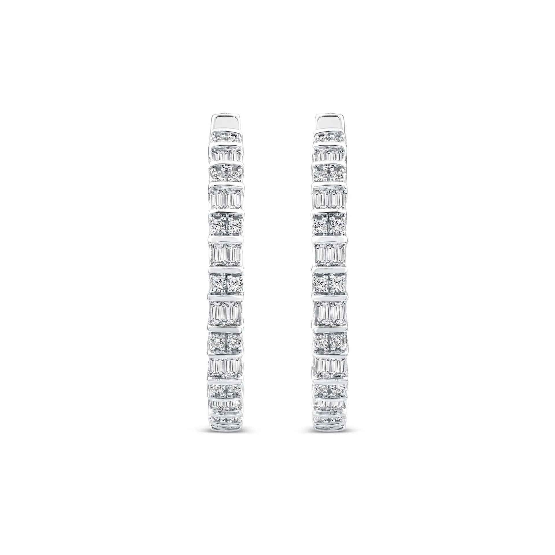 1 CT. Tw. Round and Baguette Diamond Hoop Earrings 14K White Gold Size 3.10mm