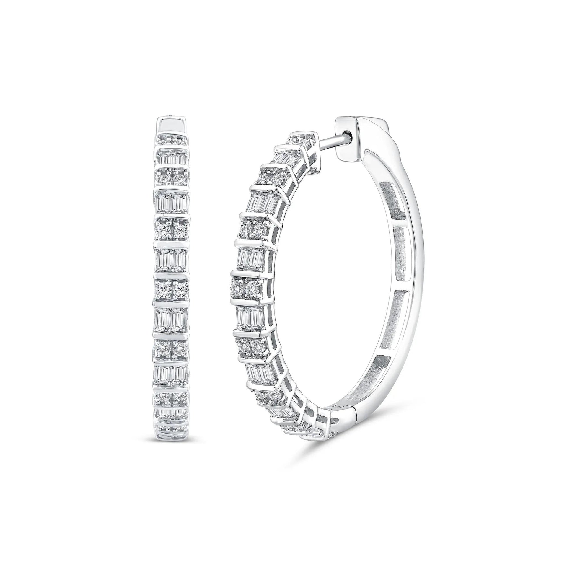 1 CT. Tw. Round and Baguette Diamond Hoop Earrings 14K White Gold Size 3.10mm