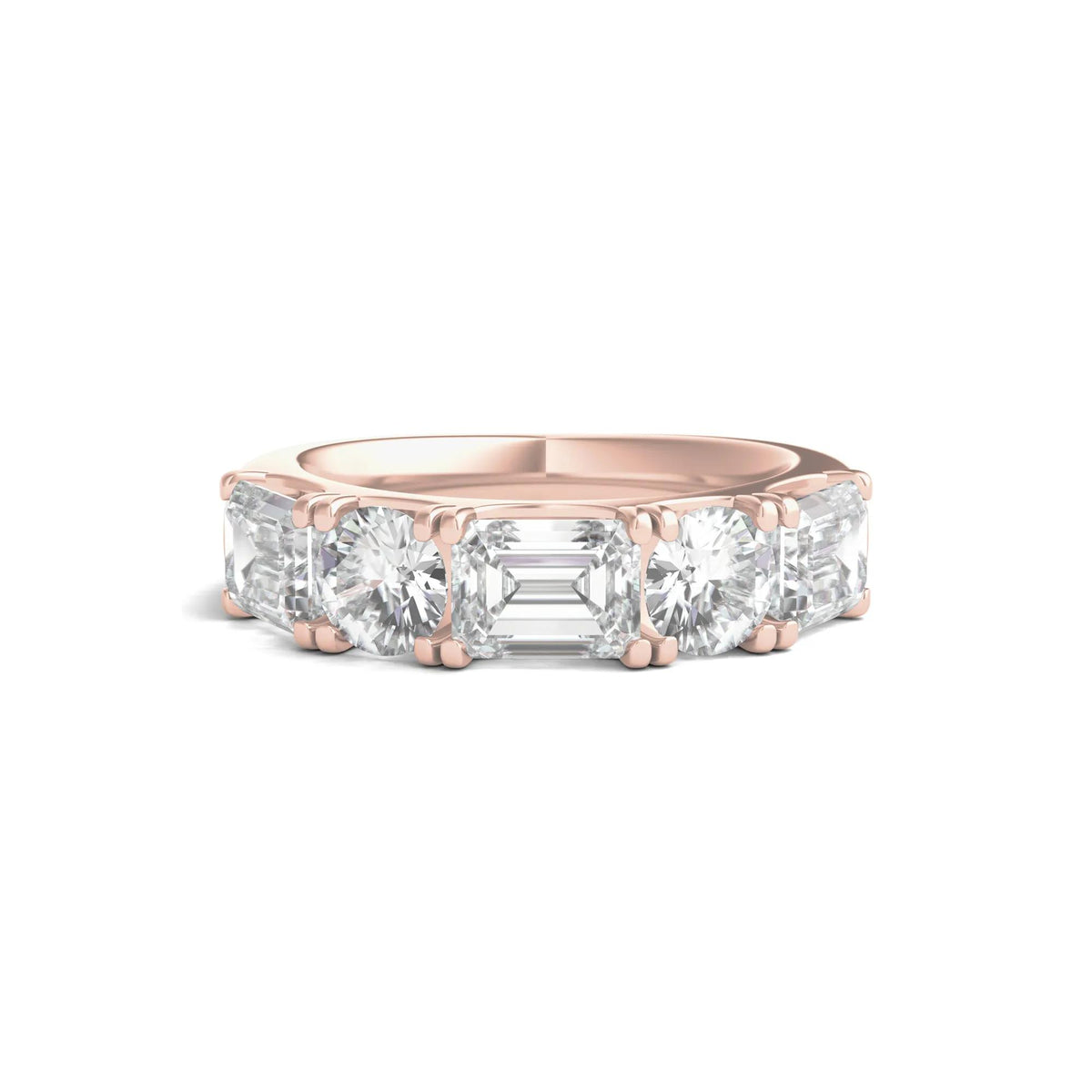4 CT. Tw. Round & Emerald-Cut Lab Grown Diamond Five-Stone Band Ring 14K Rose Gold Round Brilliant Cut Size 8.5