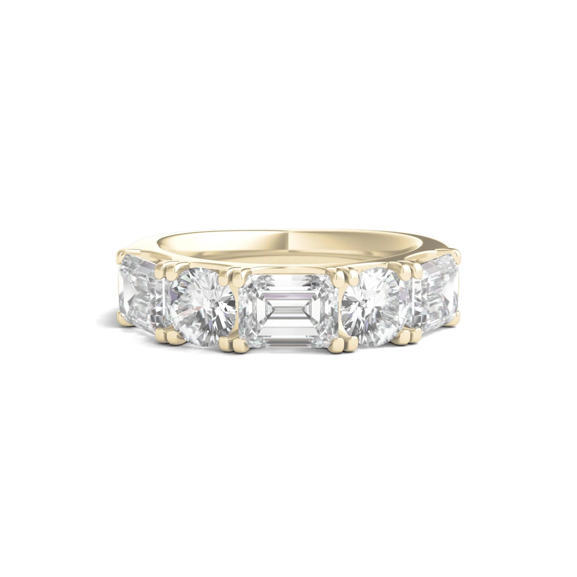 4 CT. Tw. Round & Emerald-Cut Lab Grown Diamond Five-Stone Band Ring 14K Yellow Gold Round Brilliant Cut Size 4
