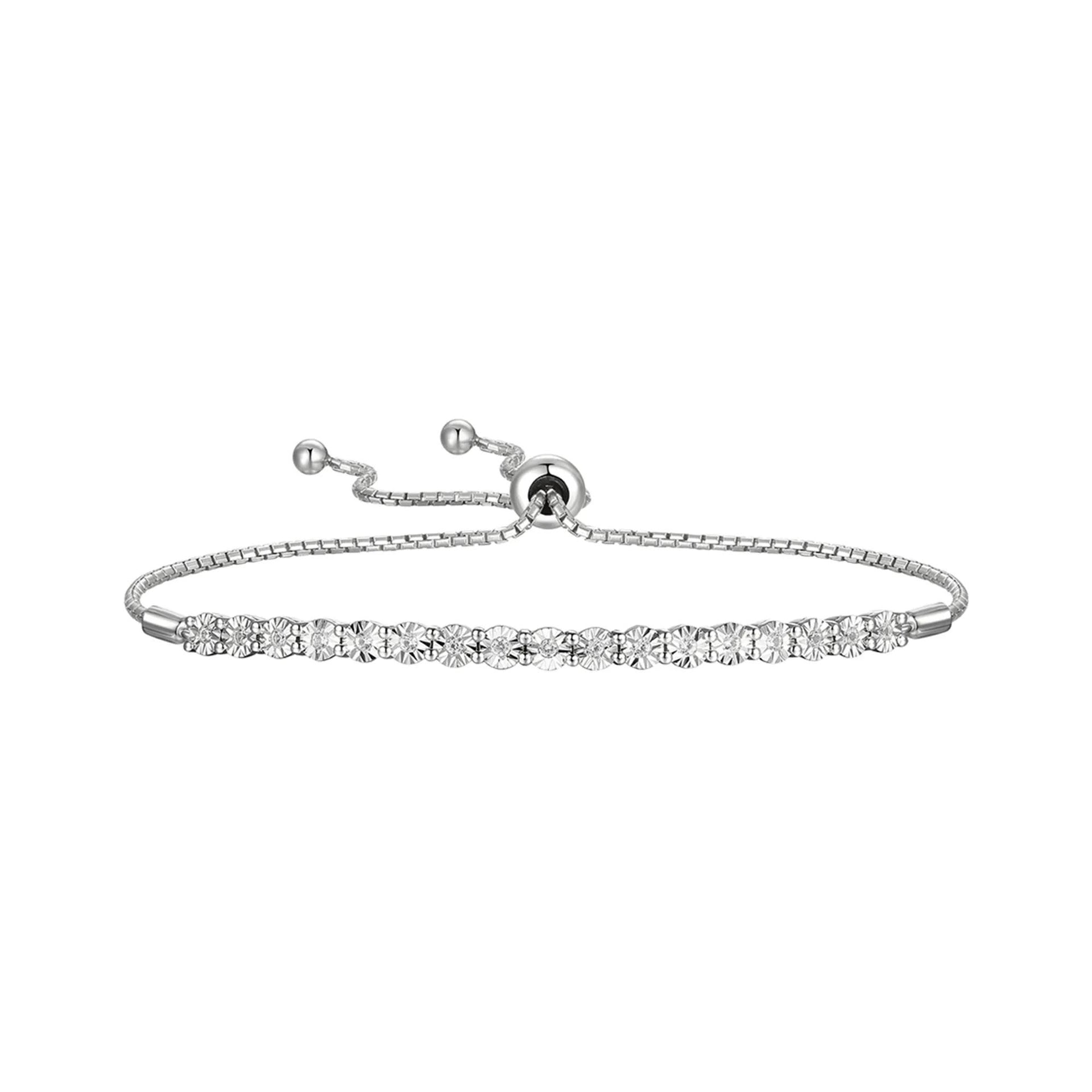 Round Diamond Bolo Bracelet .925 Sterling Silver White Size 1.00mm