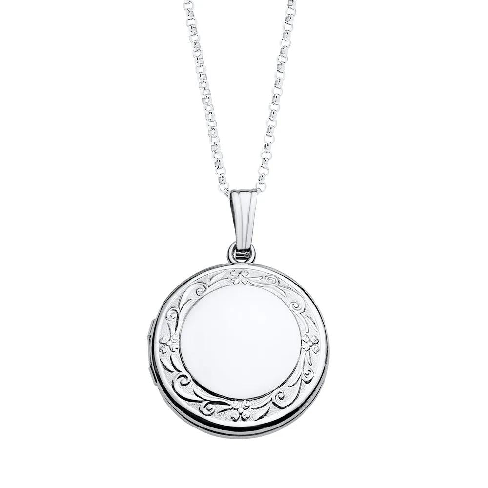 Round Locket with Floral Scroll Detail .925 Sterling .925 Sterling Silver Necklace White Size 18"