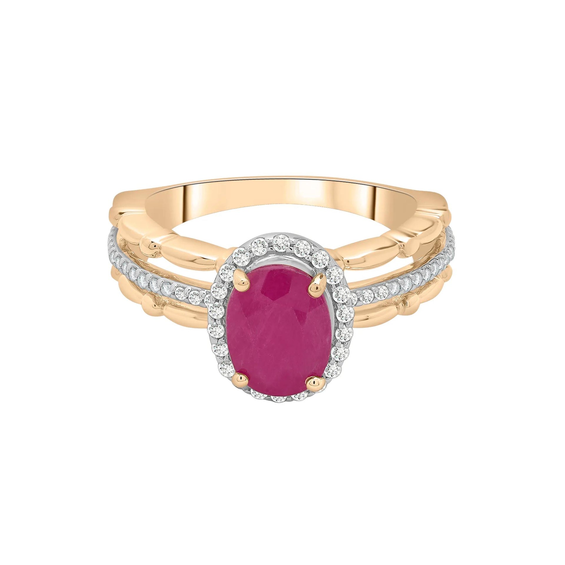 1/5 CT. Tw. Ruby Oval & Diamond Ring 14K Yellow Gold Size 7 2mm