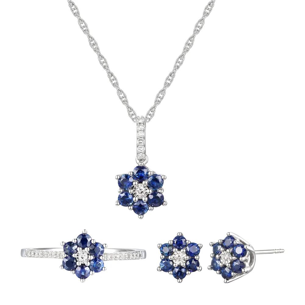1/10 CT. Tw. Sapphire & Diamond Earrings Ring and Pendant 10K White Gold Size 6