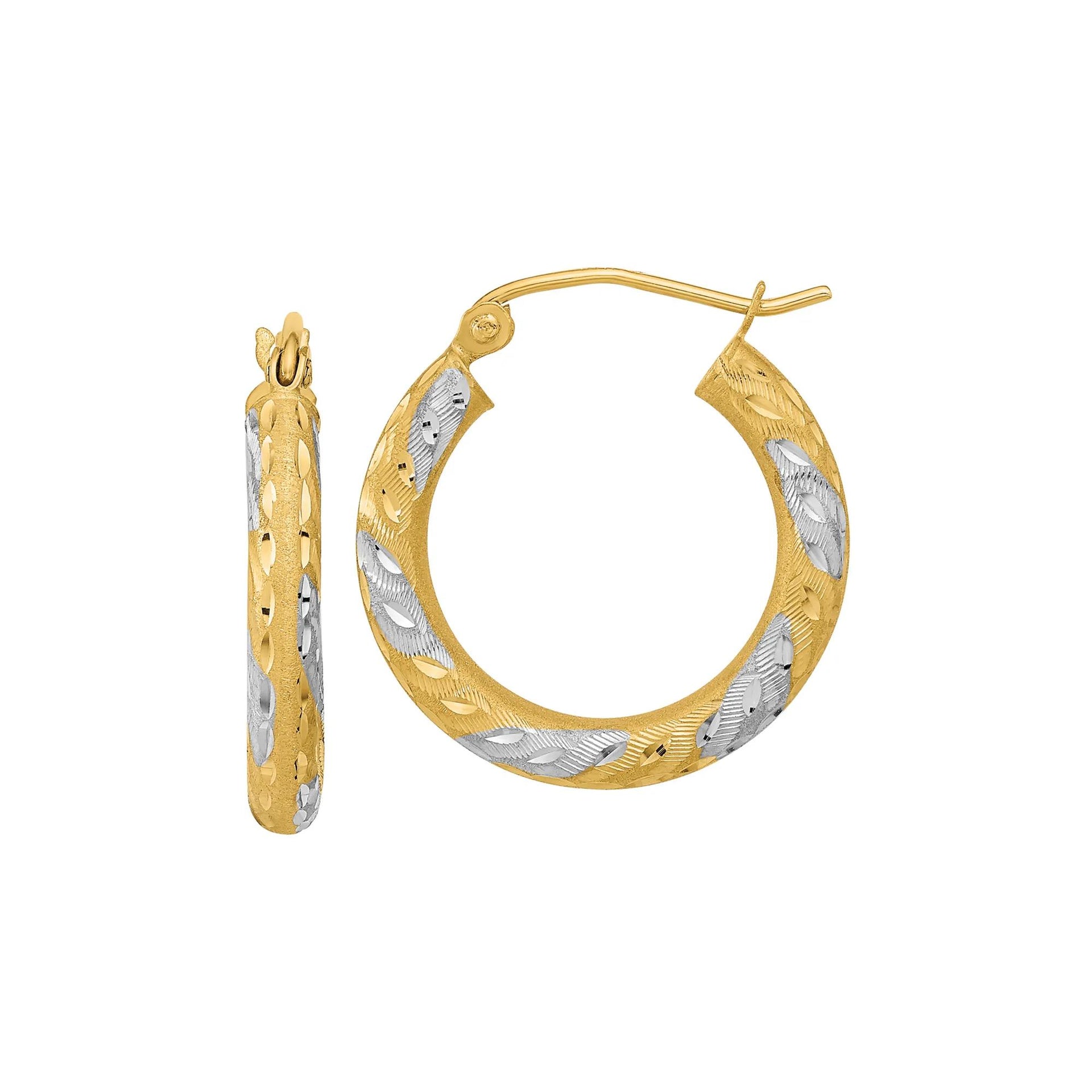 Satin Diamond-Cut Hoop Earrings with White Rhodium Accents 14K Yellow Gold Size 20.00mm