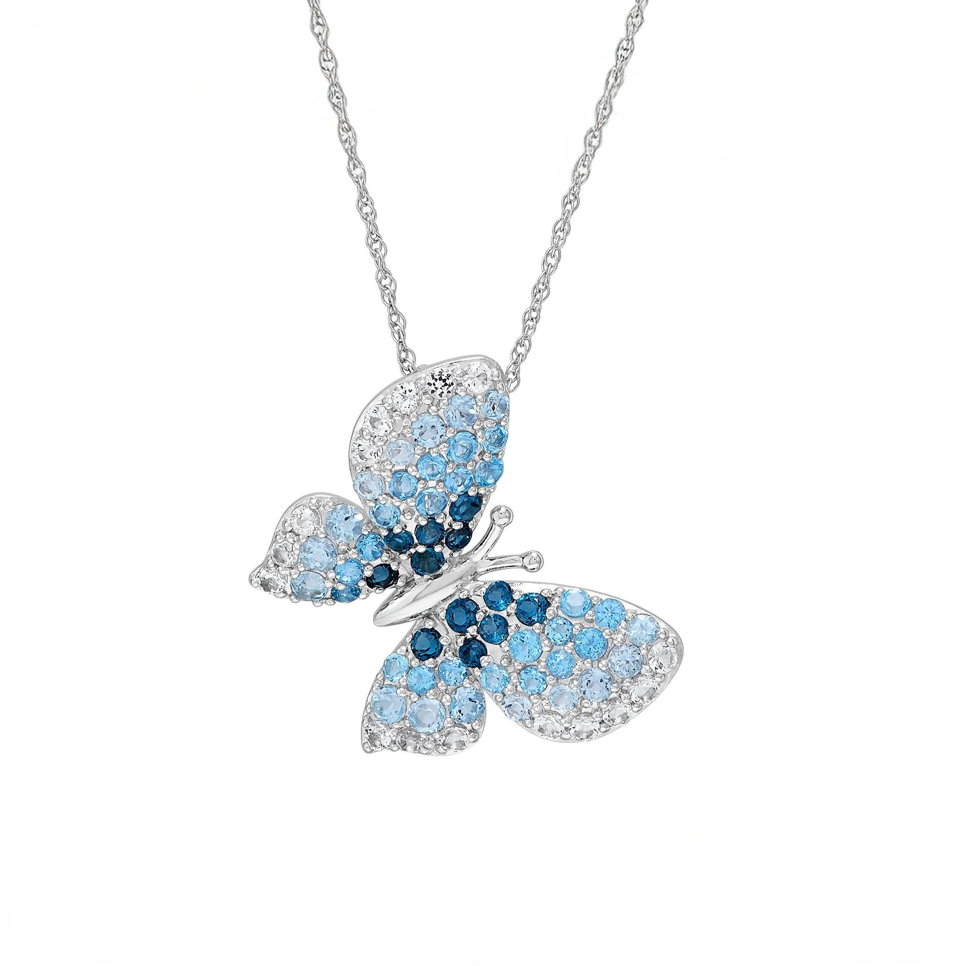 Shades of Blue Topaz Butterfly Pendant Necklace 10K White Gold Size 18"