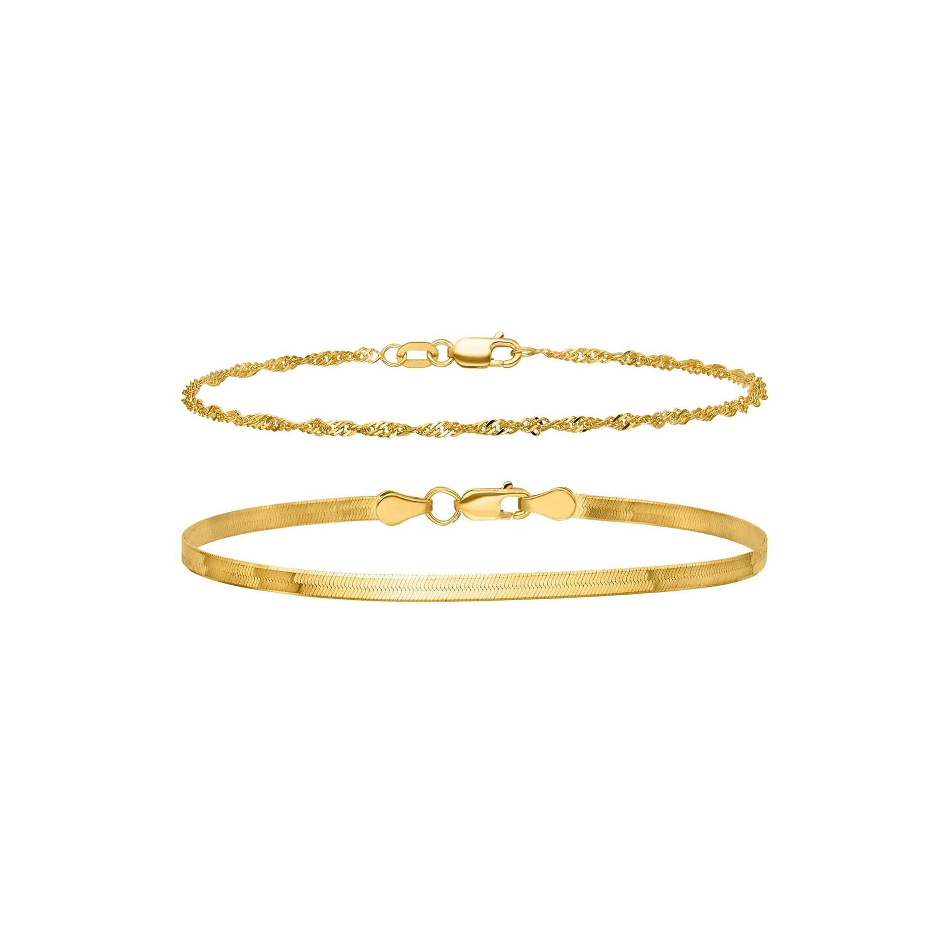 Singapore Chain and Silky Herringbone Chain Bracelet Box Set 10K Yellow Gold Size 7"