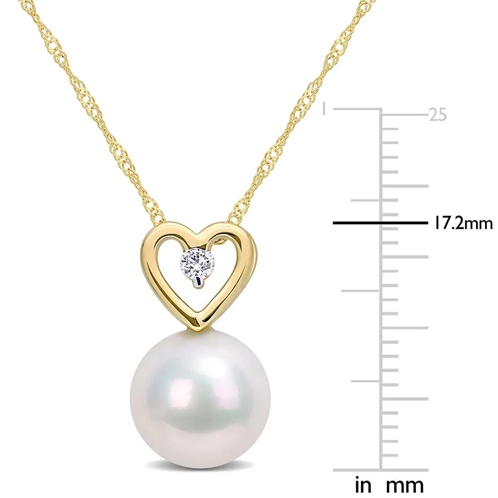 Single Pearl Necklace with Heart & Diamond Accent 10K Yellow Gold Size 17"